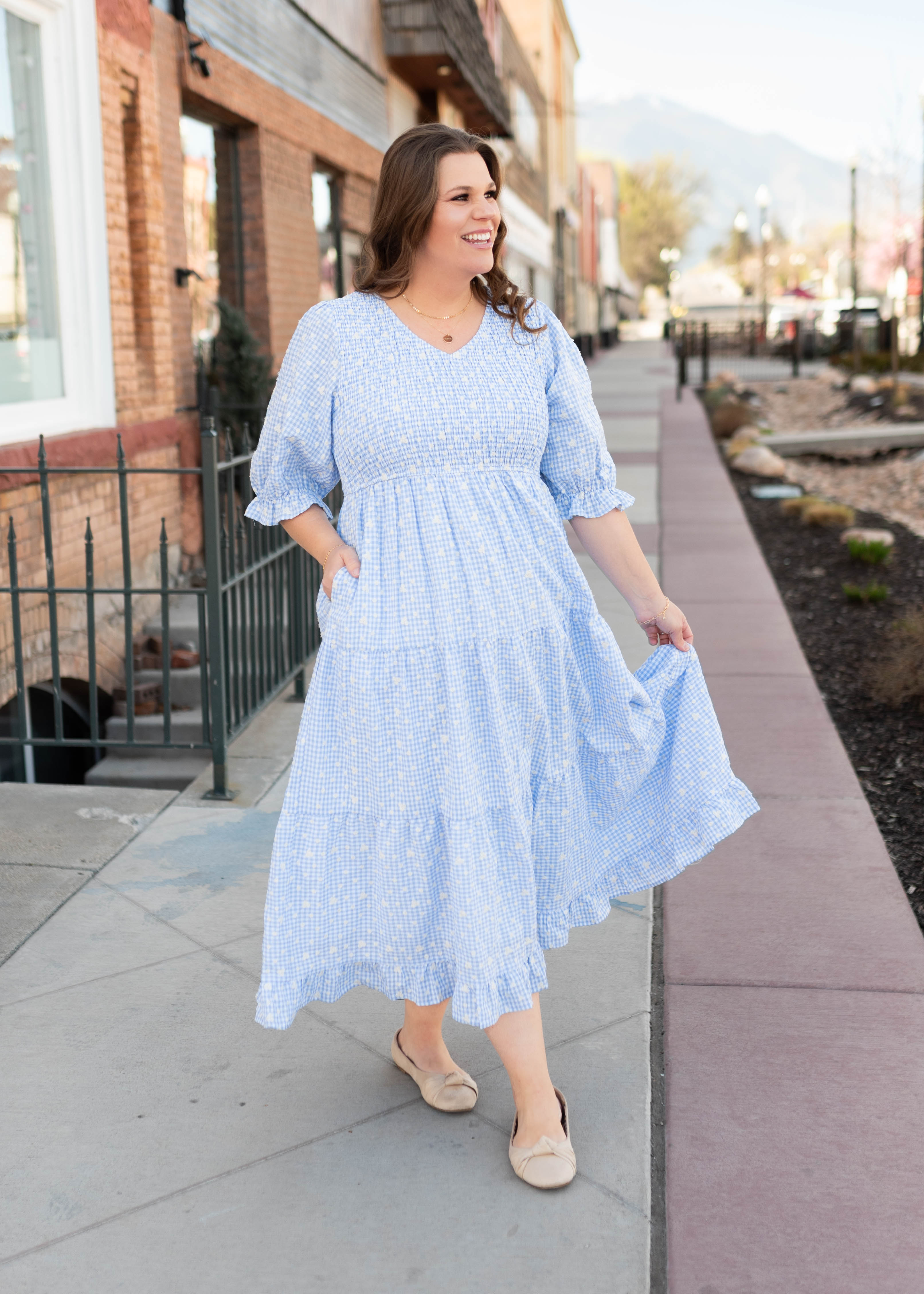 Mikayla Blue Gingham Floral Dress