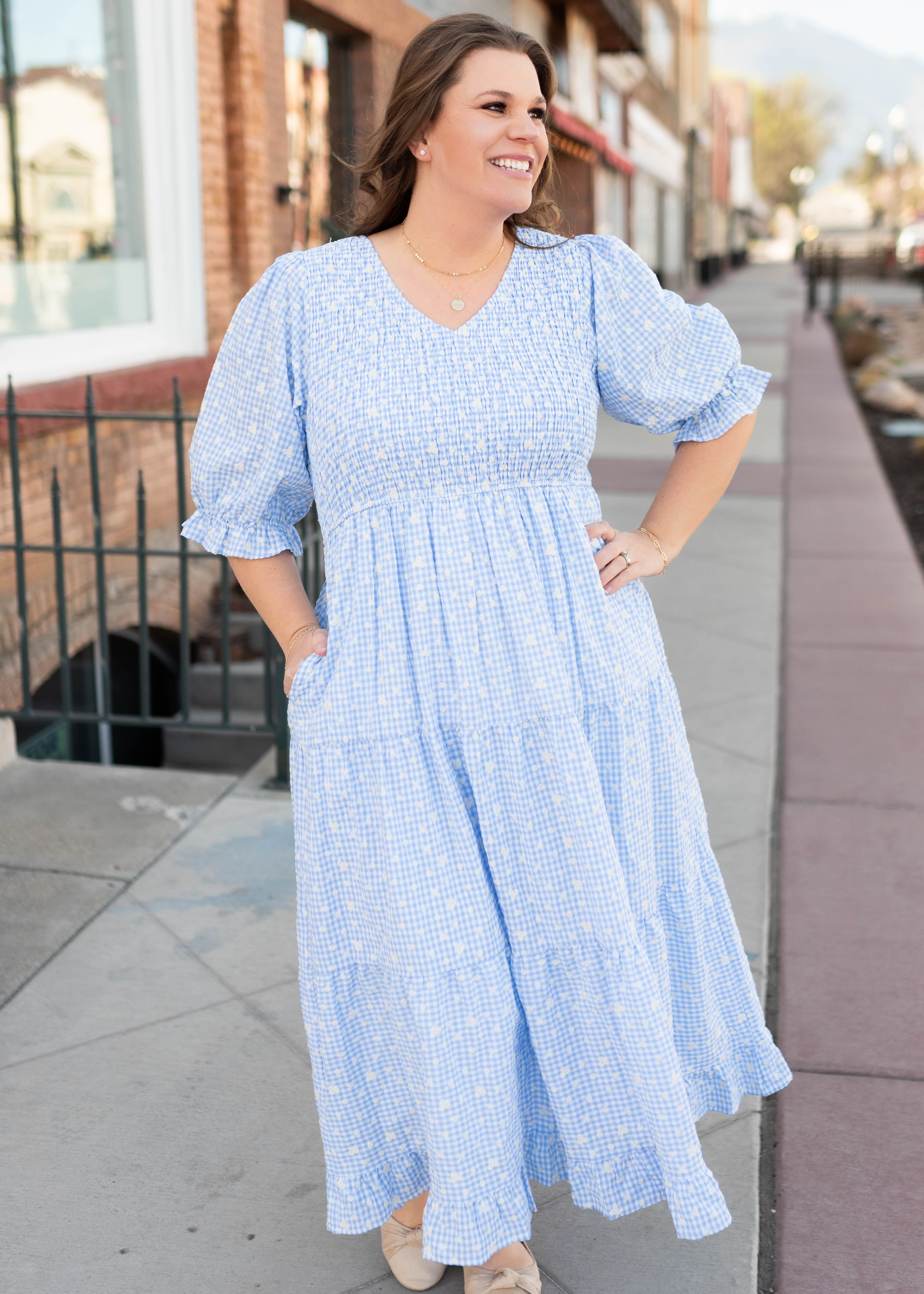 Mikayla Blue Gingham Floral Dress