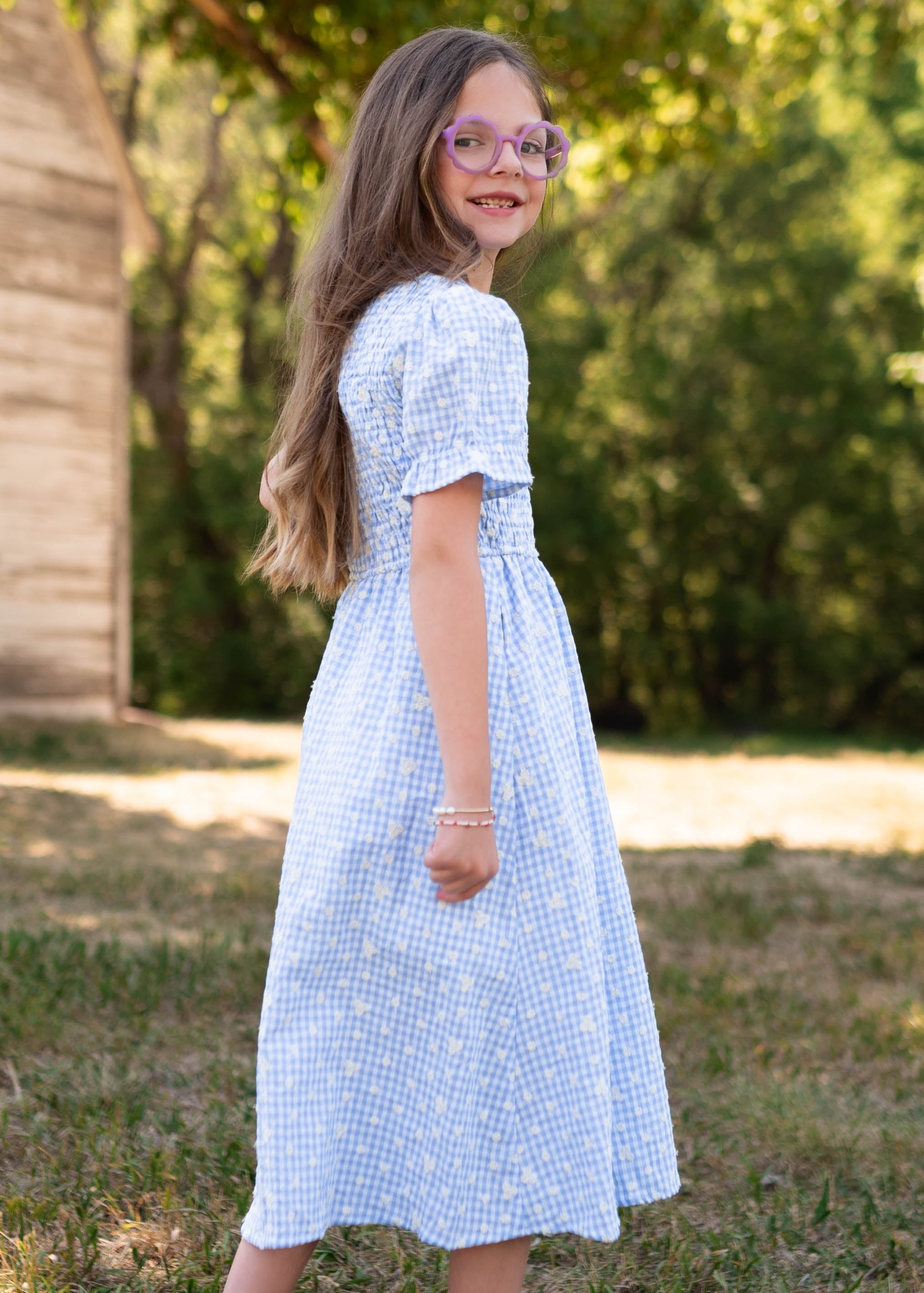 Mikayla Blue Gingham Floral Little Girl Dress