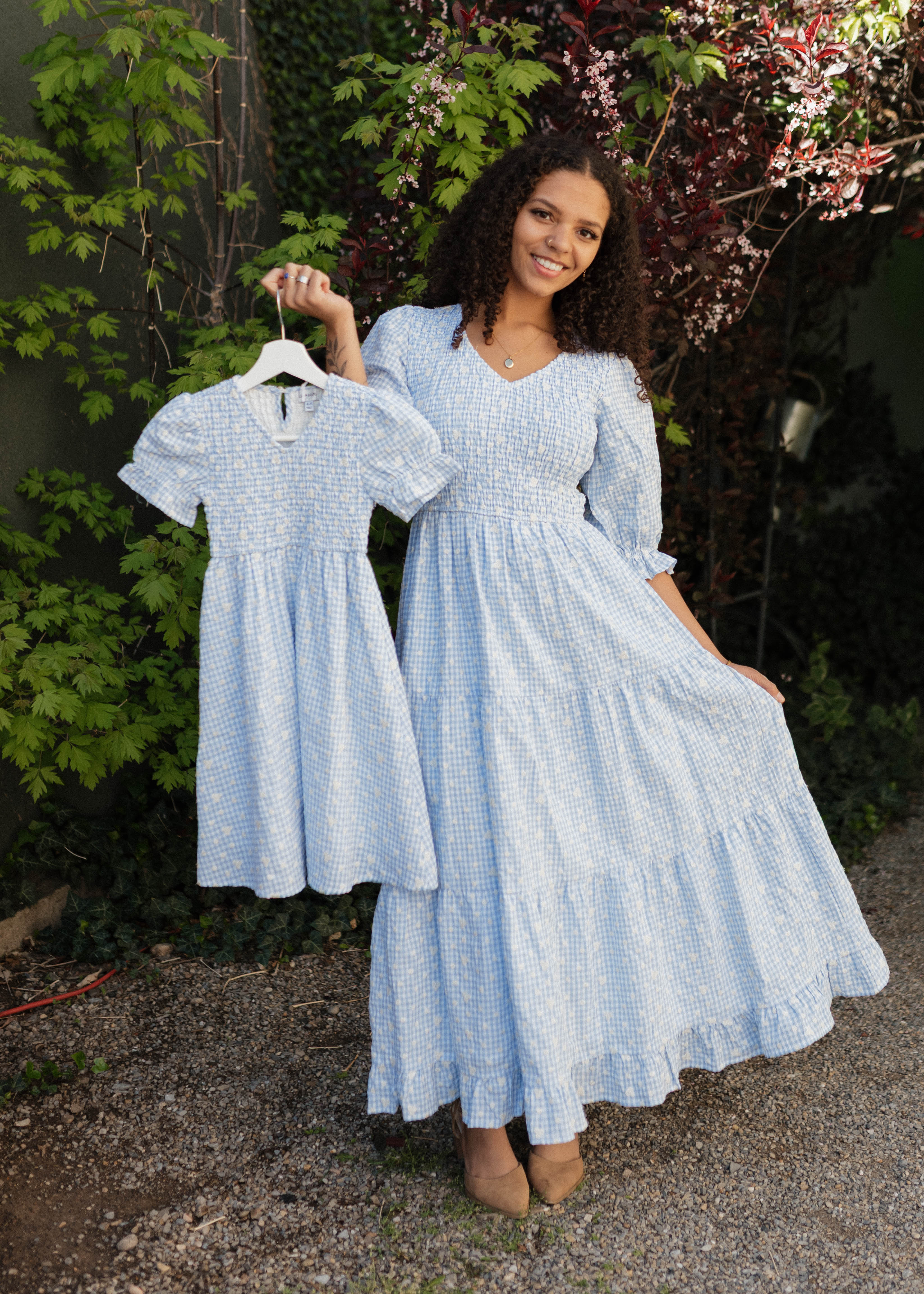 Mikayla Blue Gingham Floral Little Girl Dress