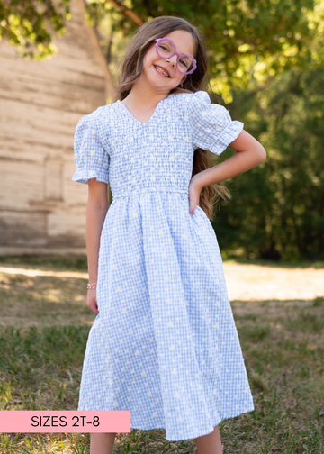 Mikayla Blue Gingham Floral Little Girl Dress