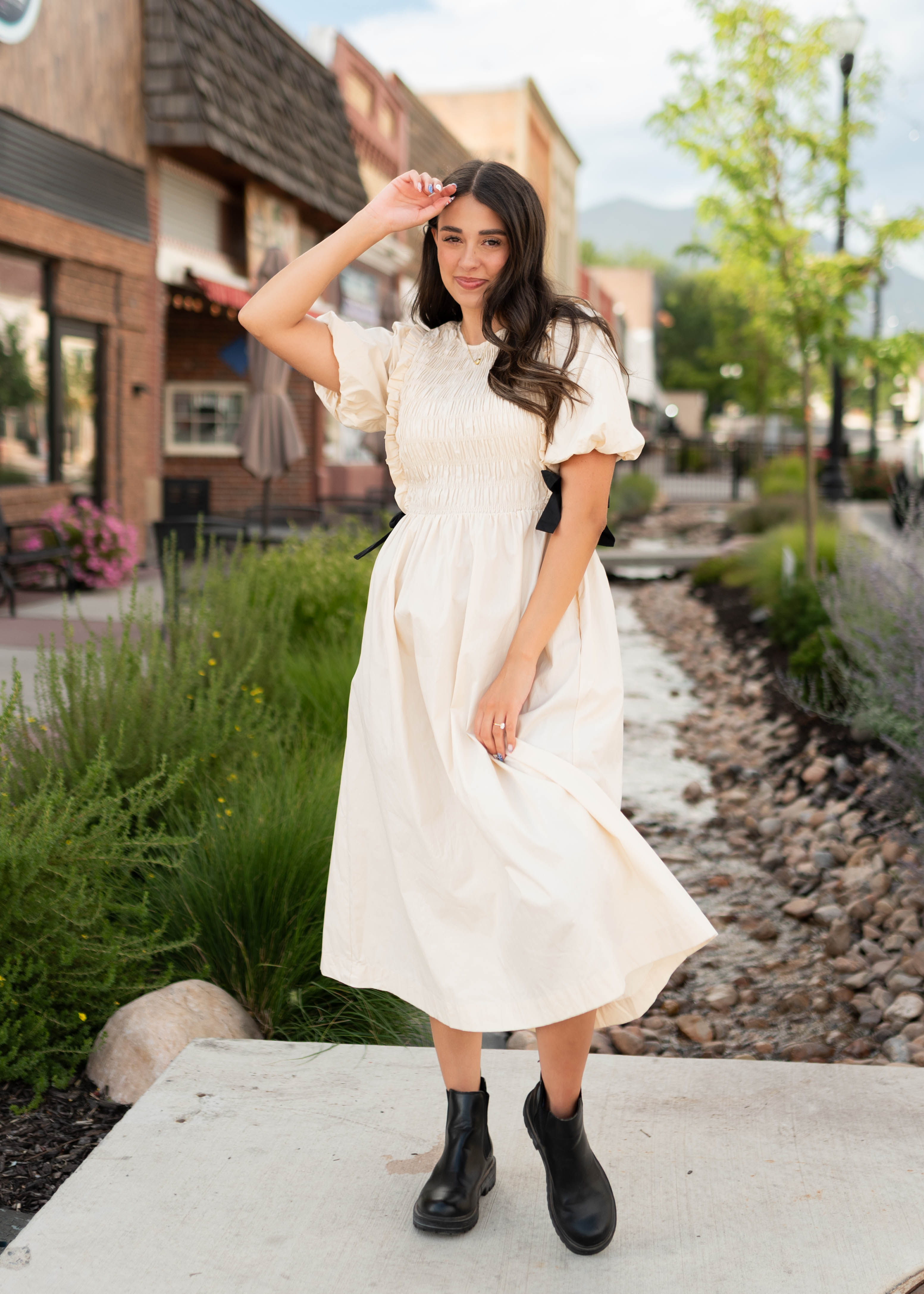 Nadya Cream Smocked Dress With Black Bows