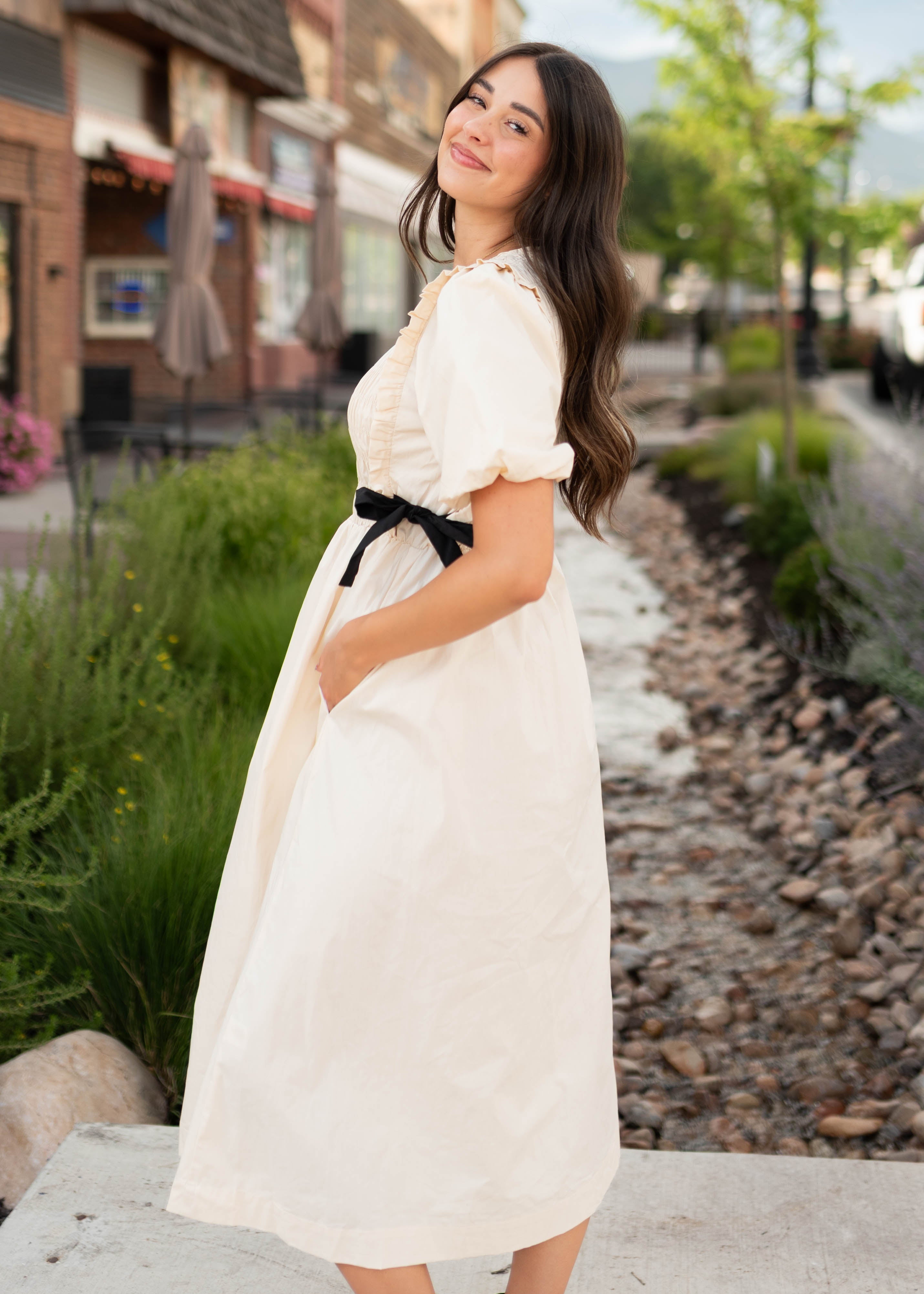 Nadya Cream Smocked Dress With Black Bows