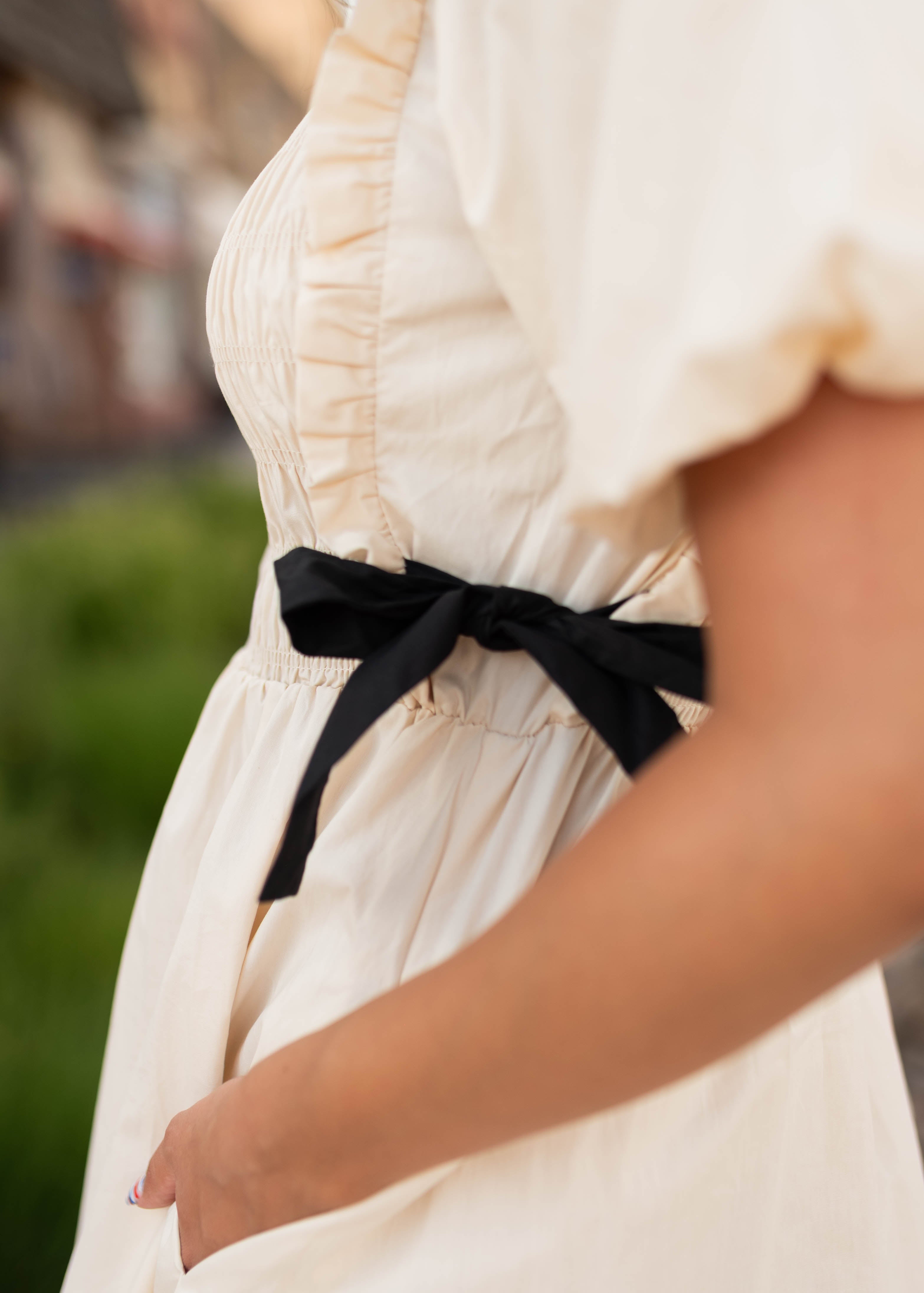Nadya Cream Smocked Dress With Black Bows