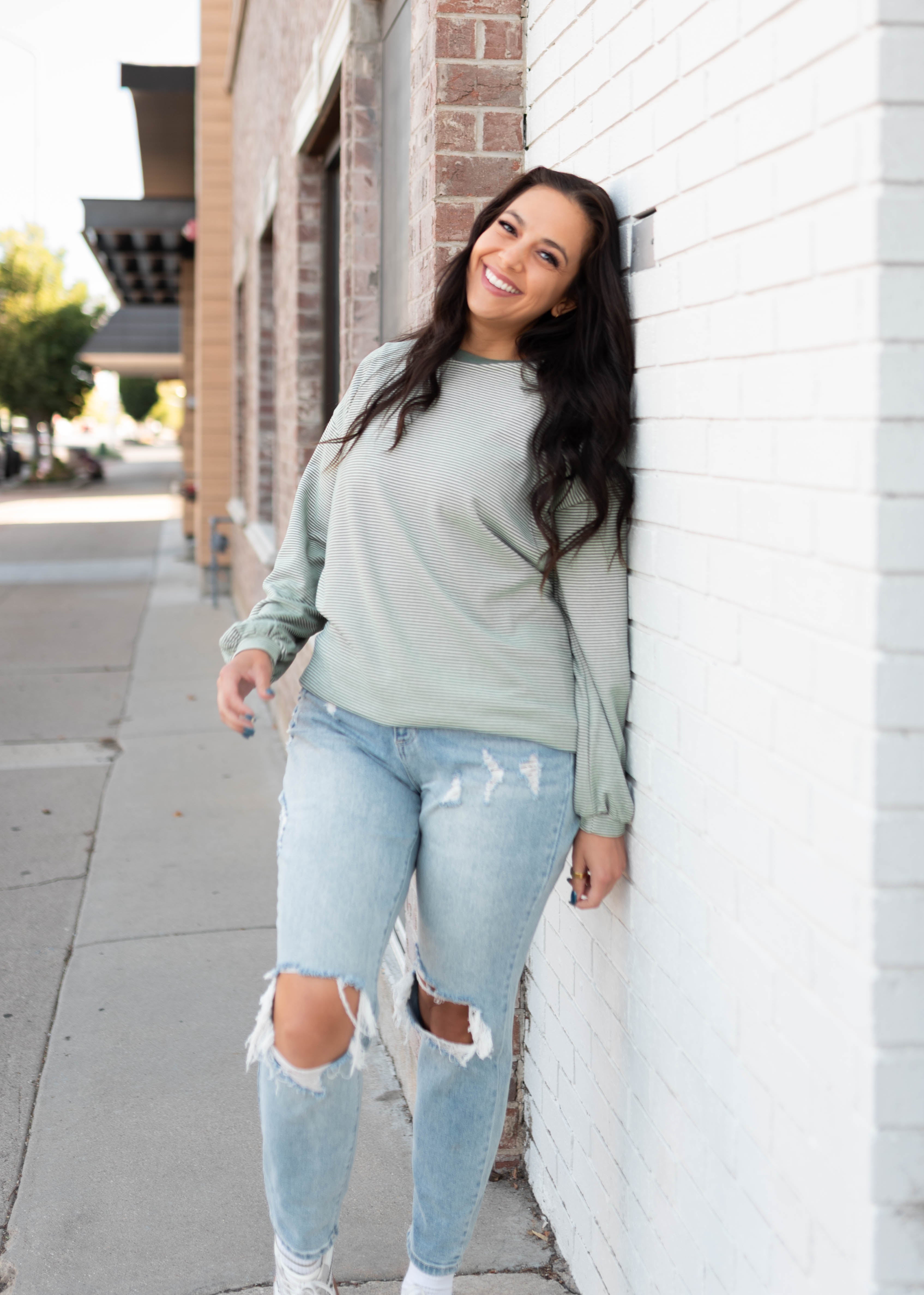 Naomi Green & Cream Striped Pullover Top