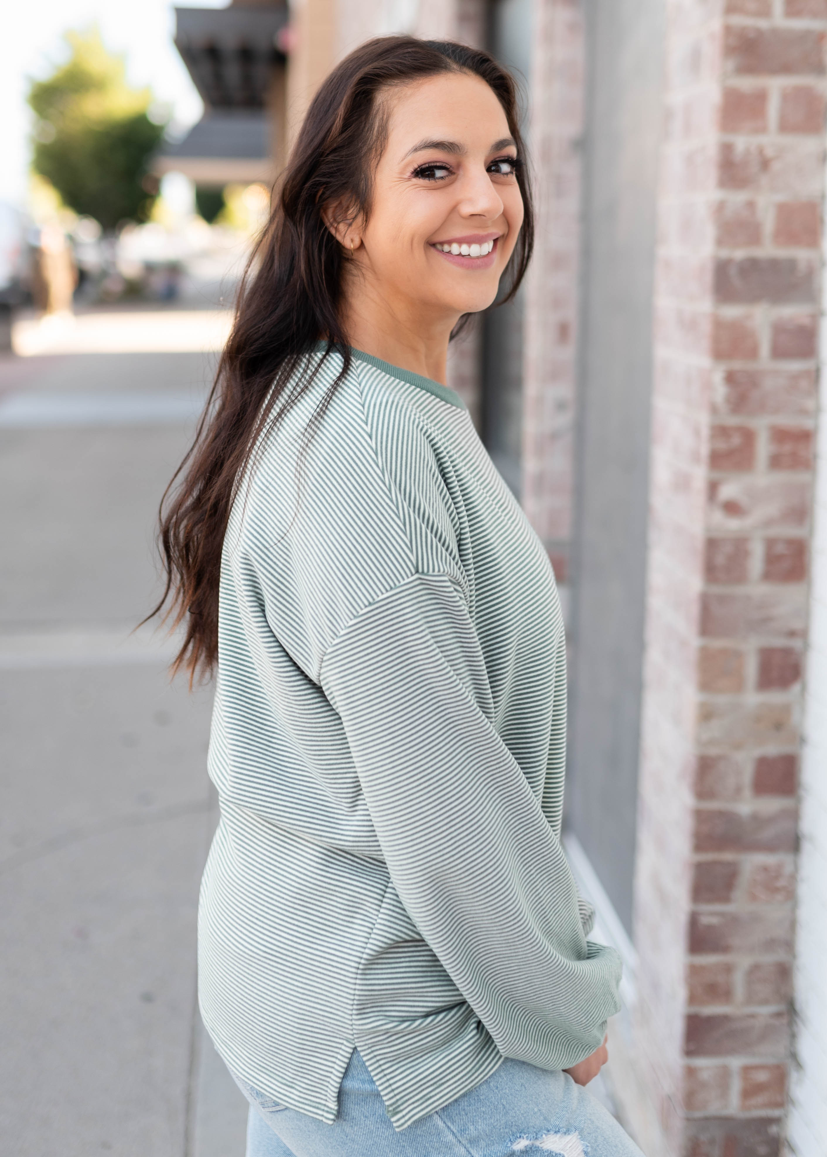 Naomi Green & Cream Striped Pullover Top