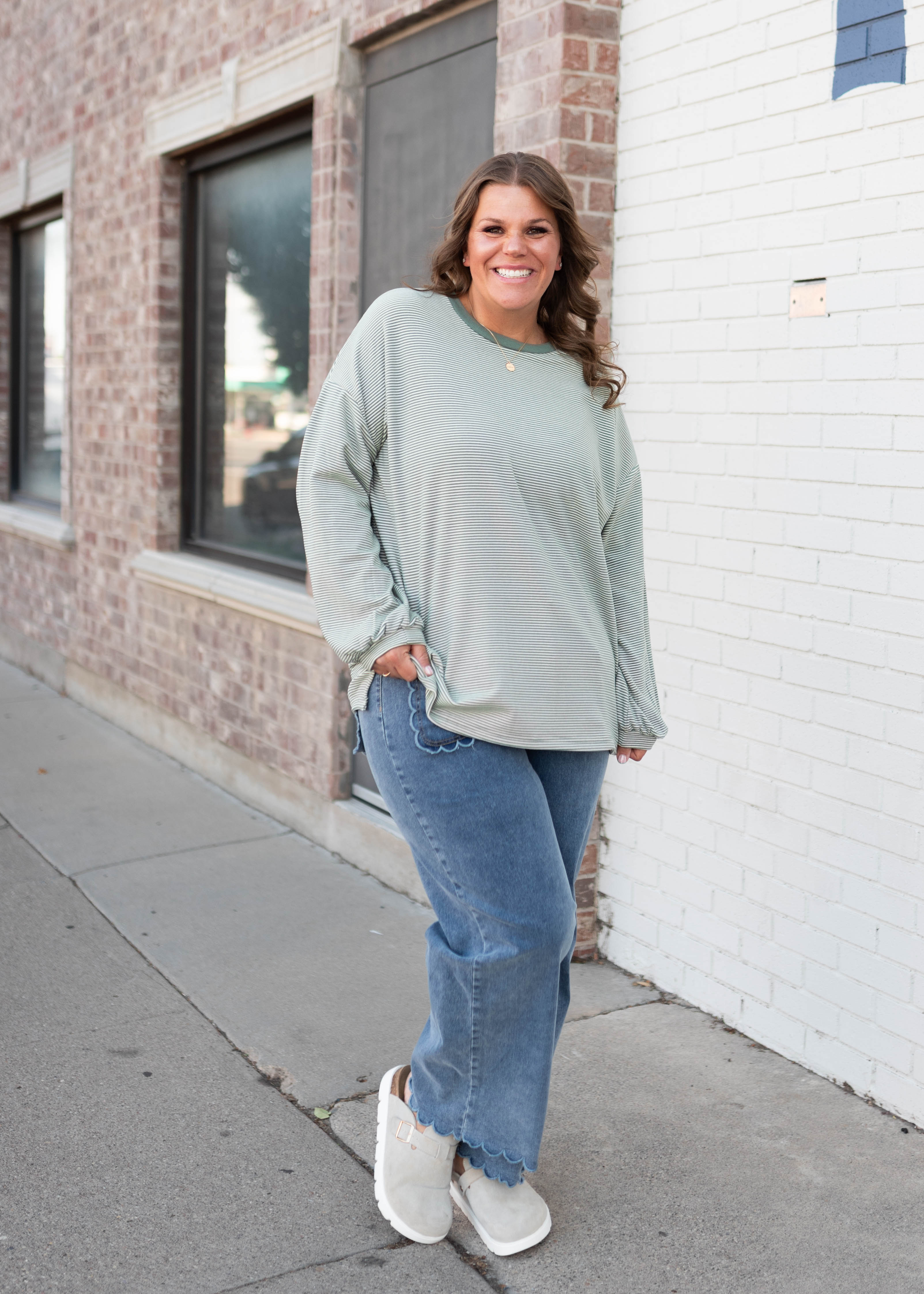 Naomi Green & Cream Striped Pullover Top