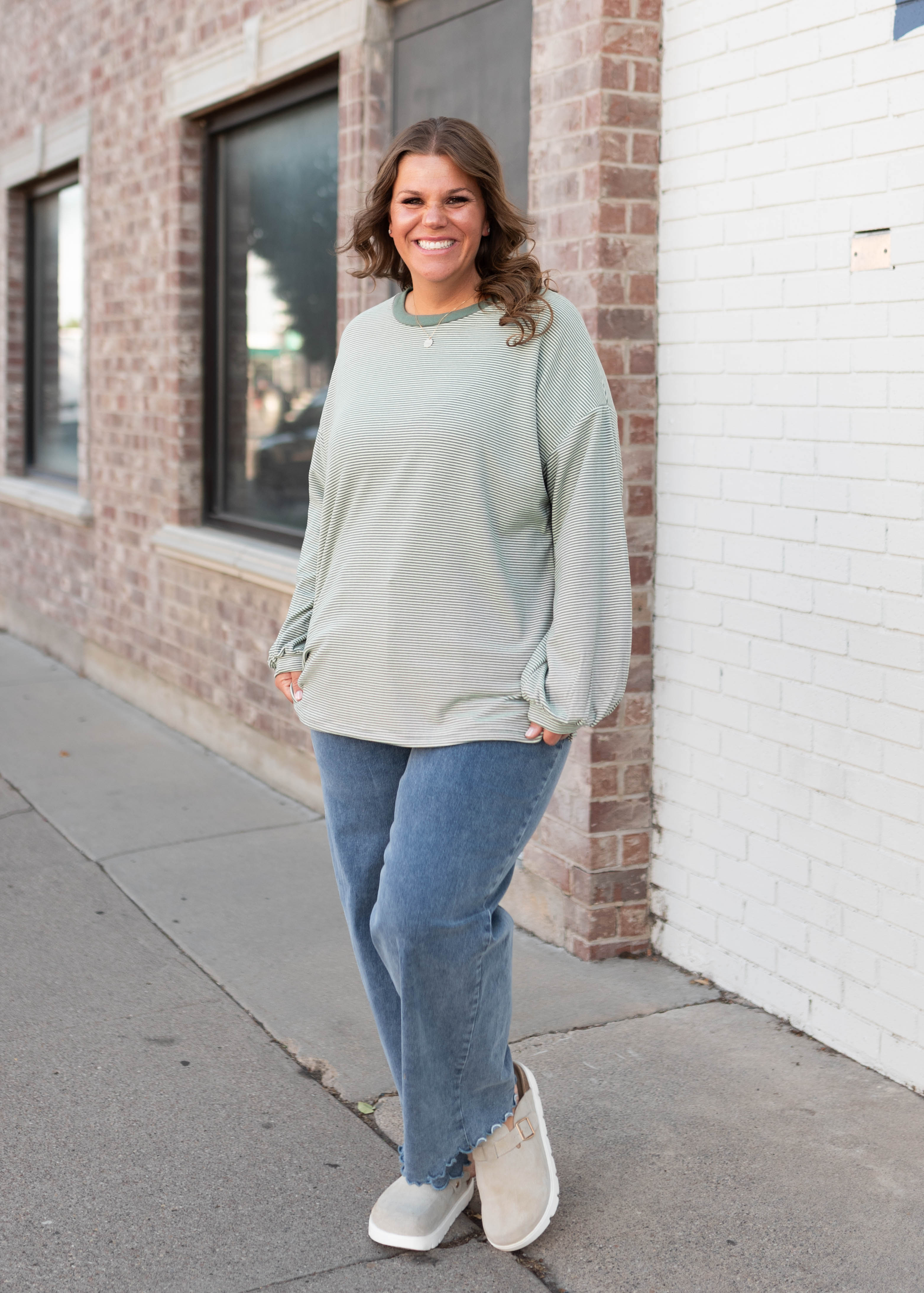 Naomi Green & Cream Striped Pullover Top