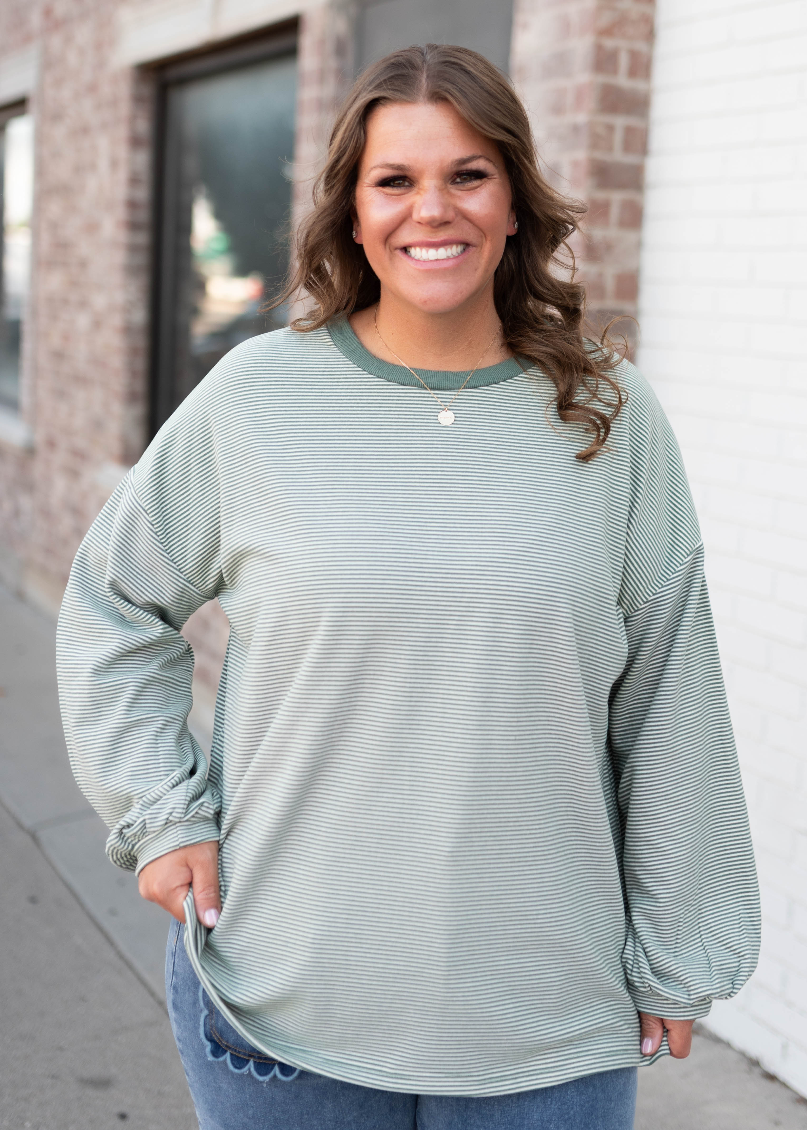 Naomi Green & Cream Striped Pullover Top
