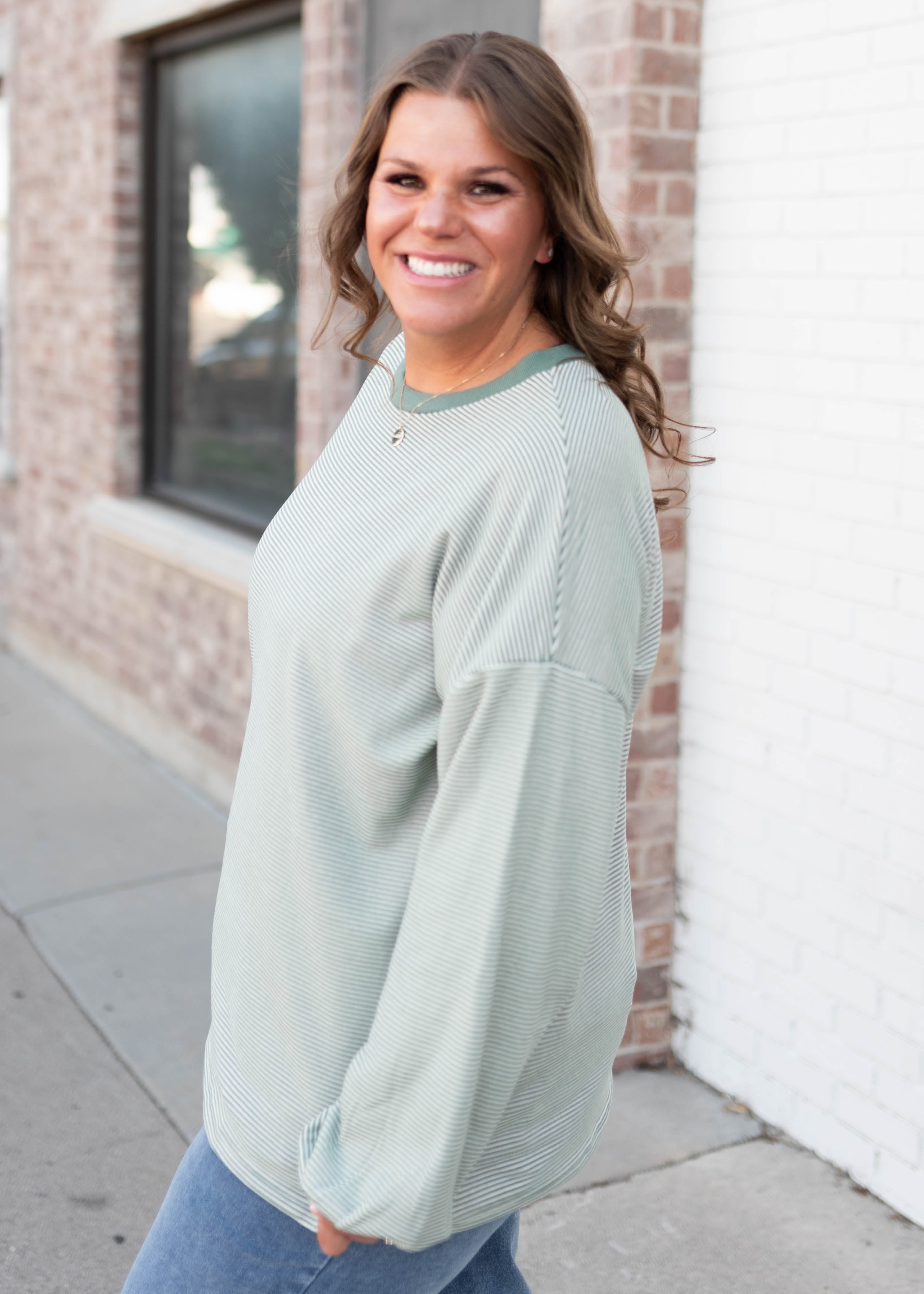 Naomi Green & Cream Striped Pullover Top