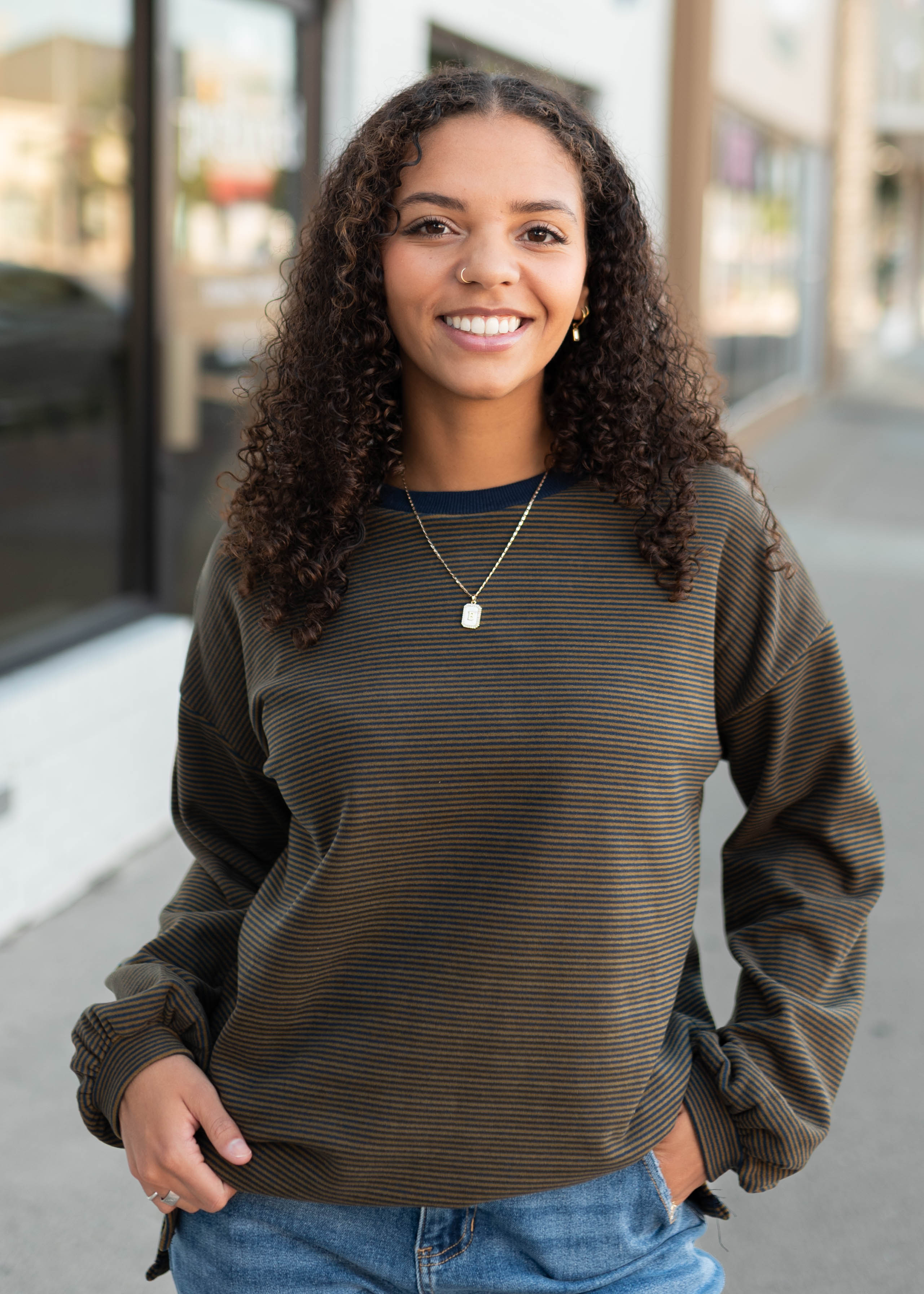 Naomi Navy & Camel Striped Pullover Top