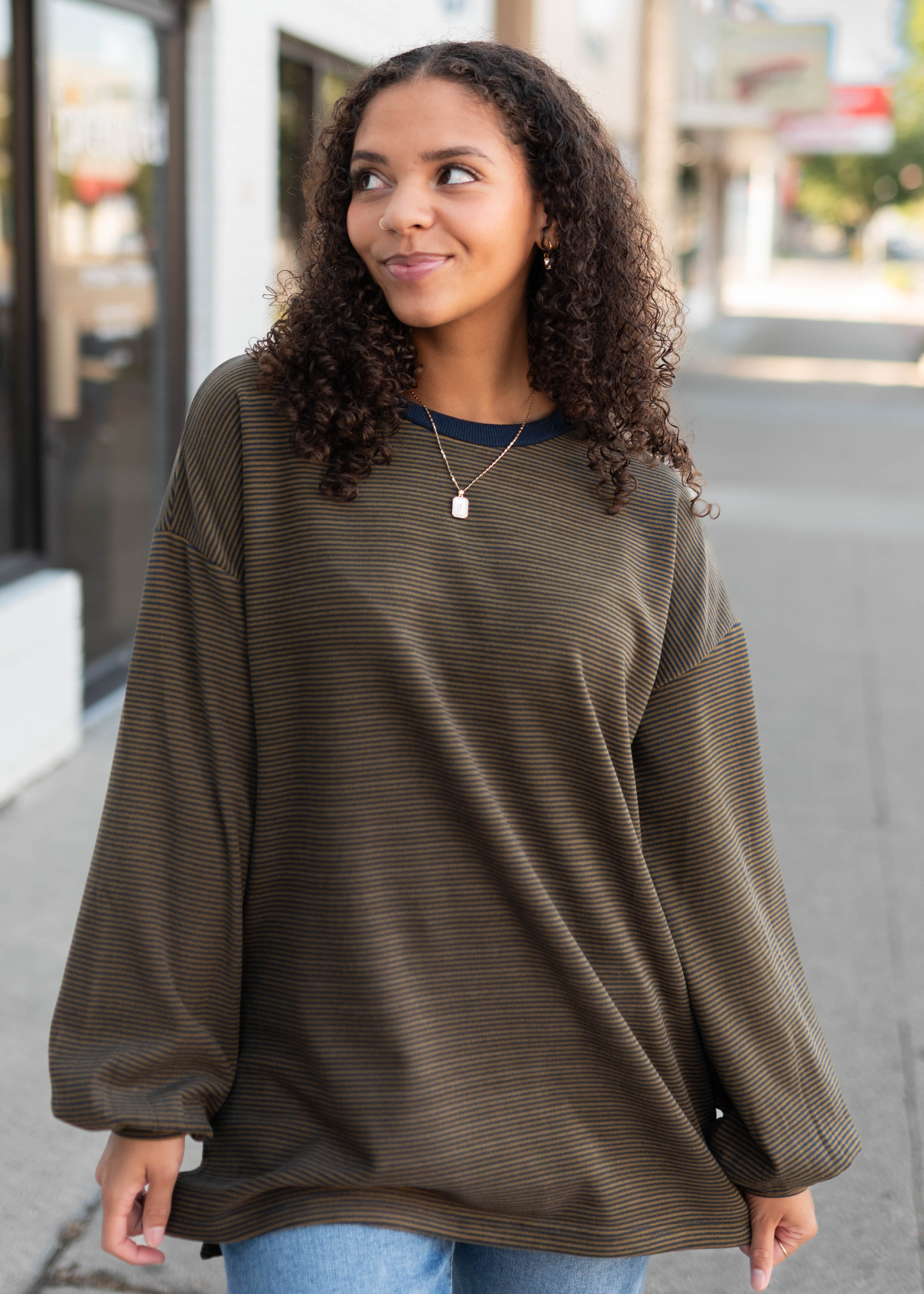 Naomi Navy & Camel Striped Pullover Top