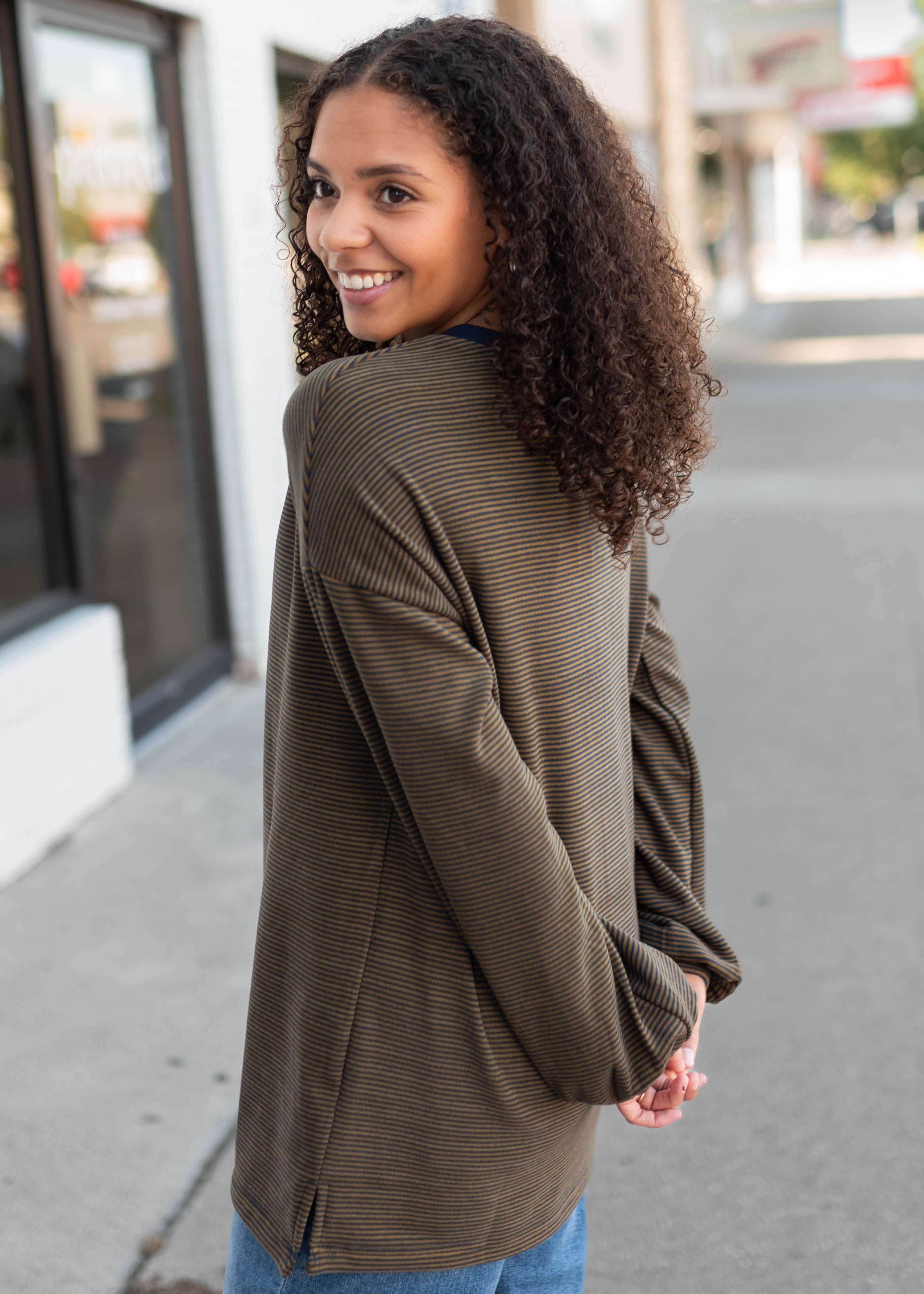 Naomi Navy & Camel Striped Pullover Top