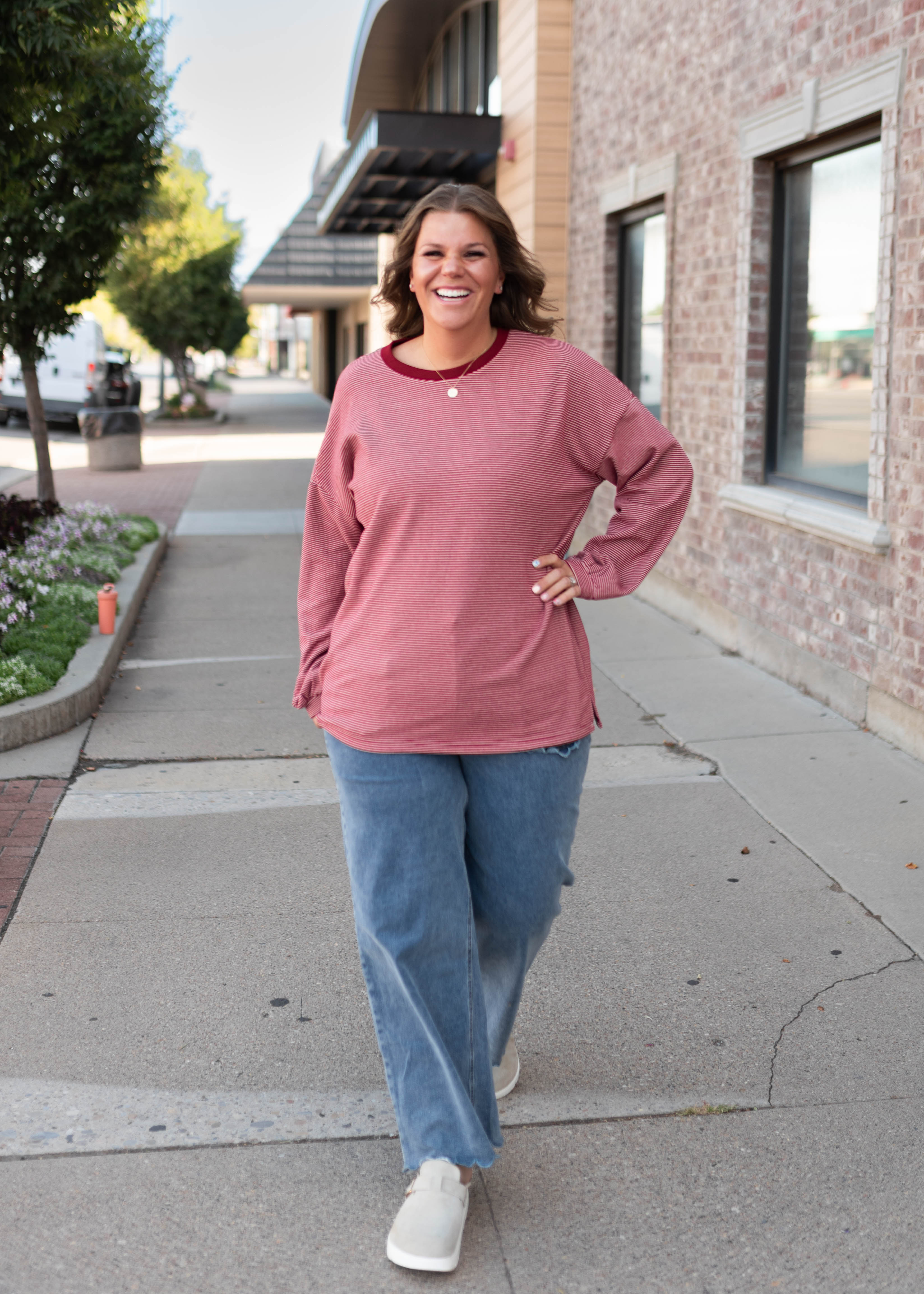 Naomi Dark Red & Pink Striped Pullover Top