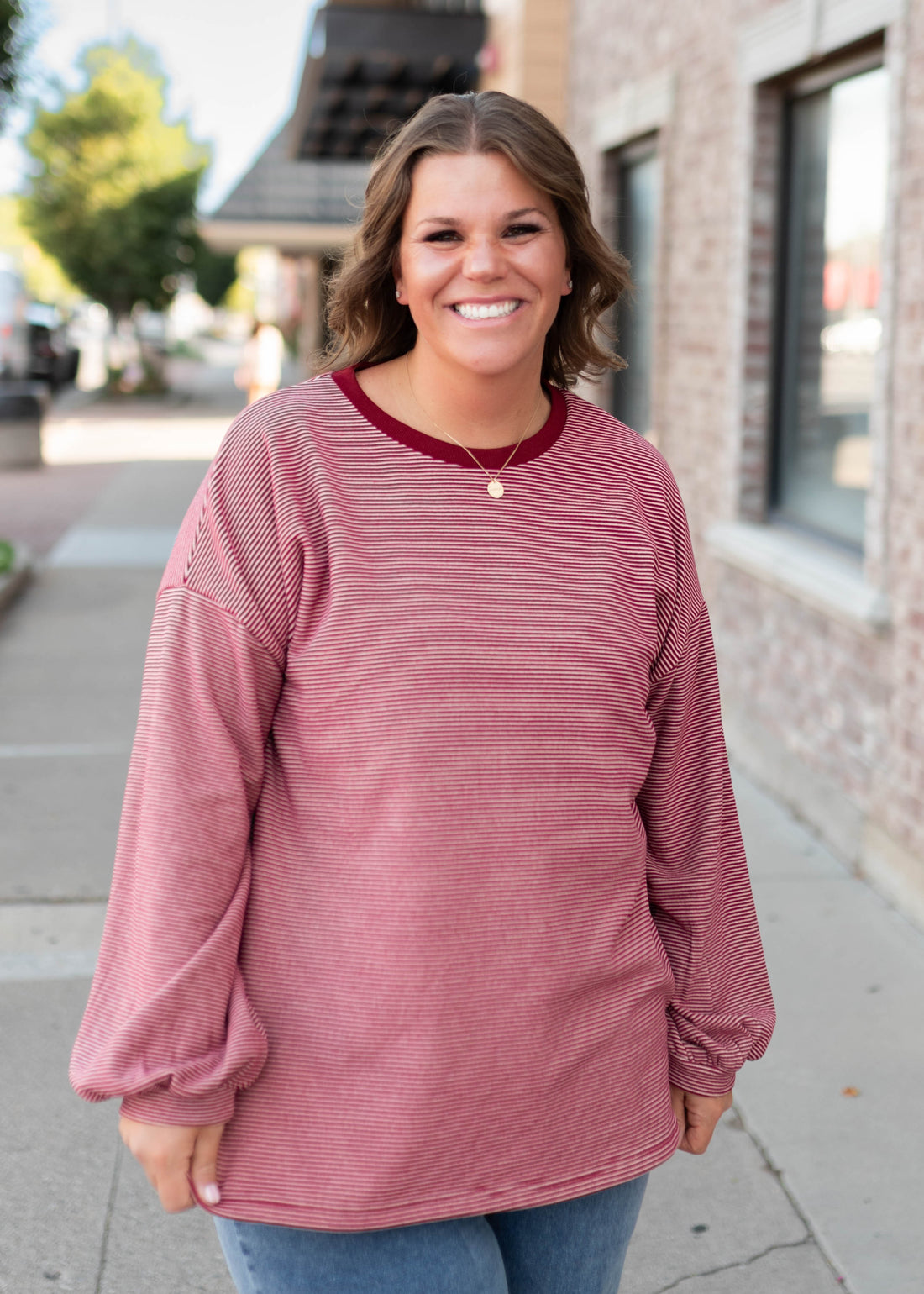 Naomi Dark Red & Pink Striped Pullover Top