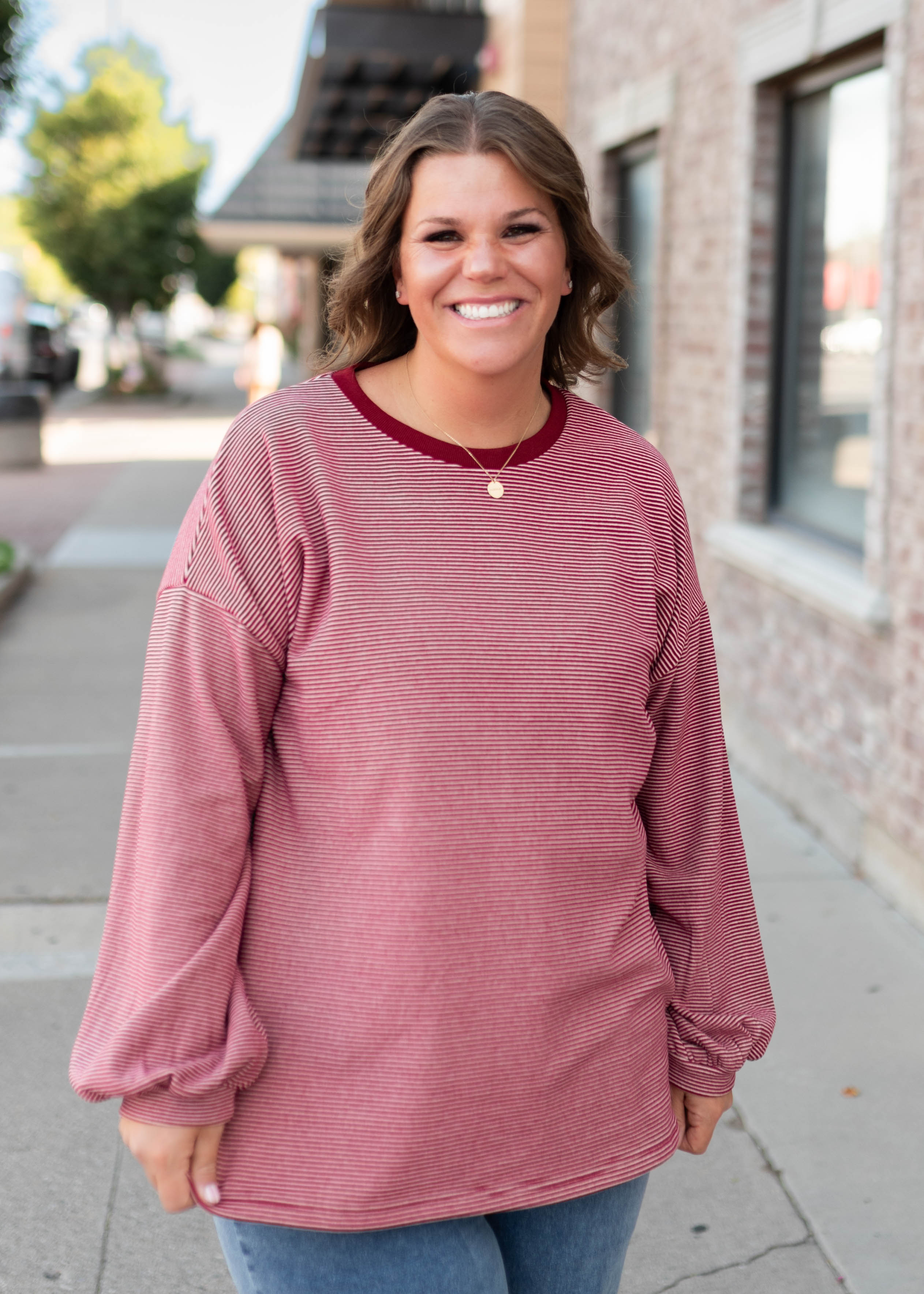 Naomi Dark Red & Pink Striped Pullover Top