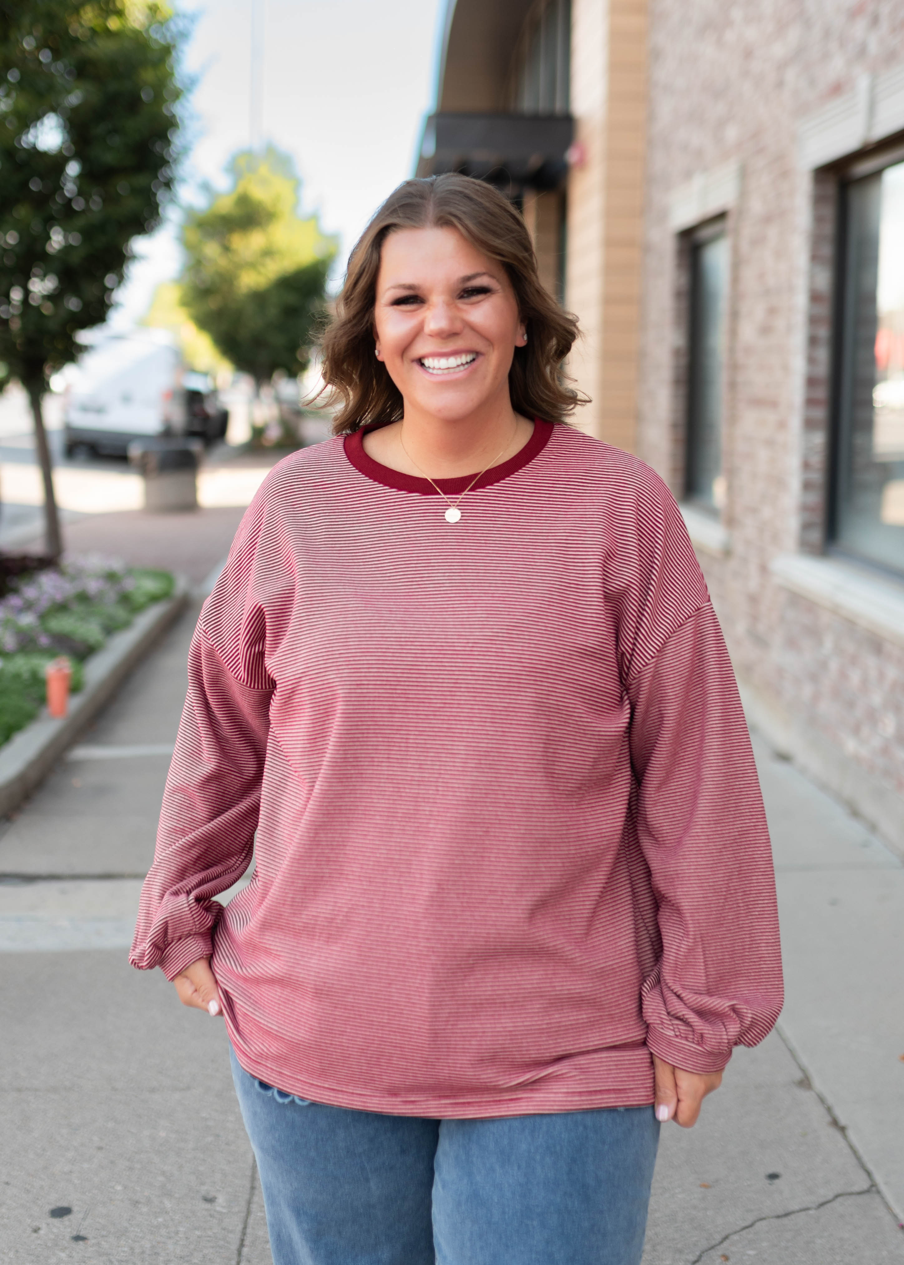 Naomi Dark Red & Pink Striped Pullover Top
