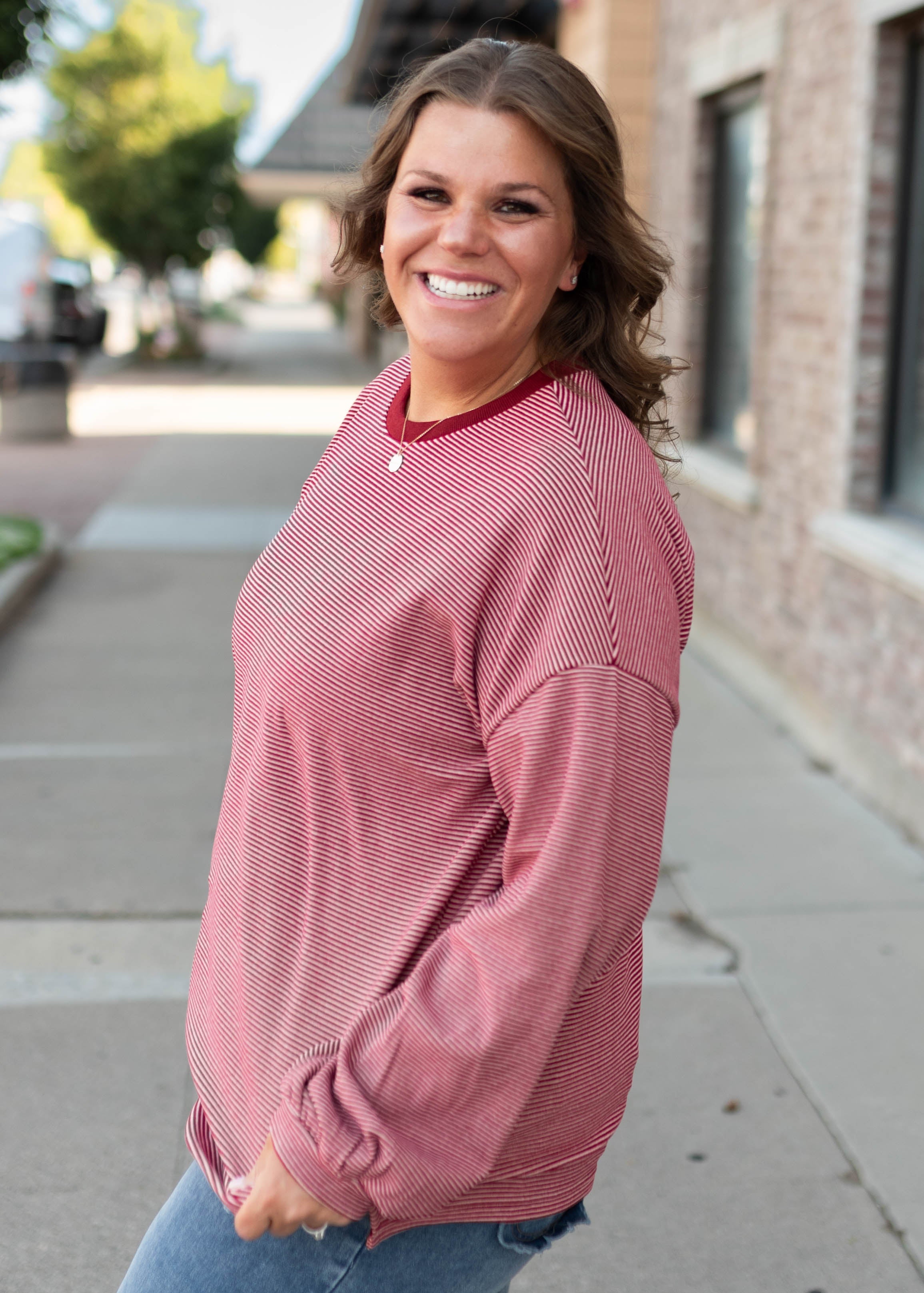 Naomi Dark Red & Pink Striped Pullover Top