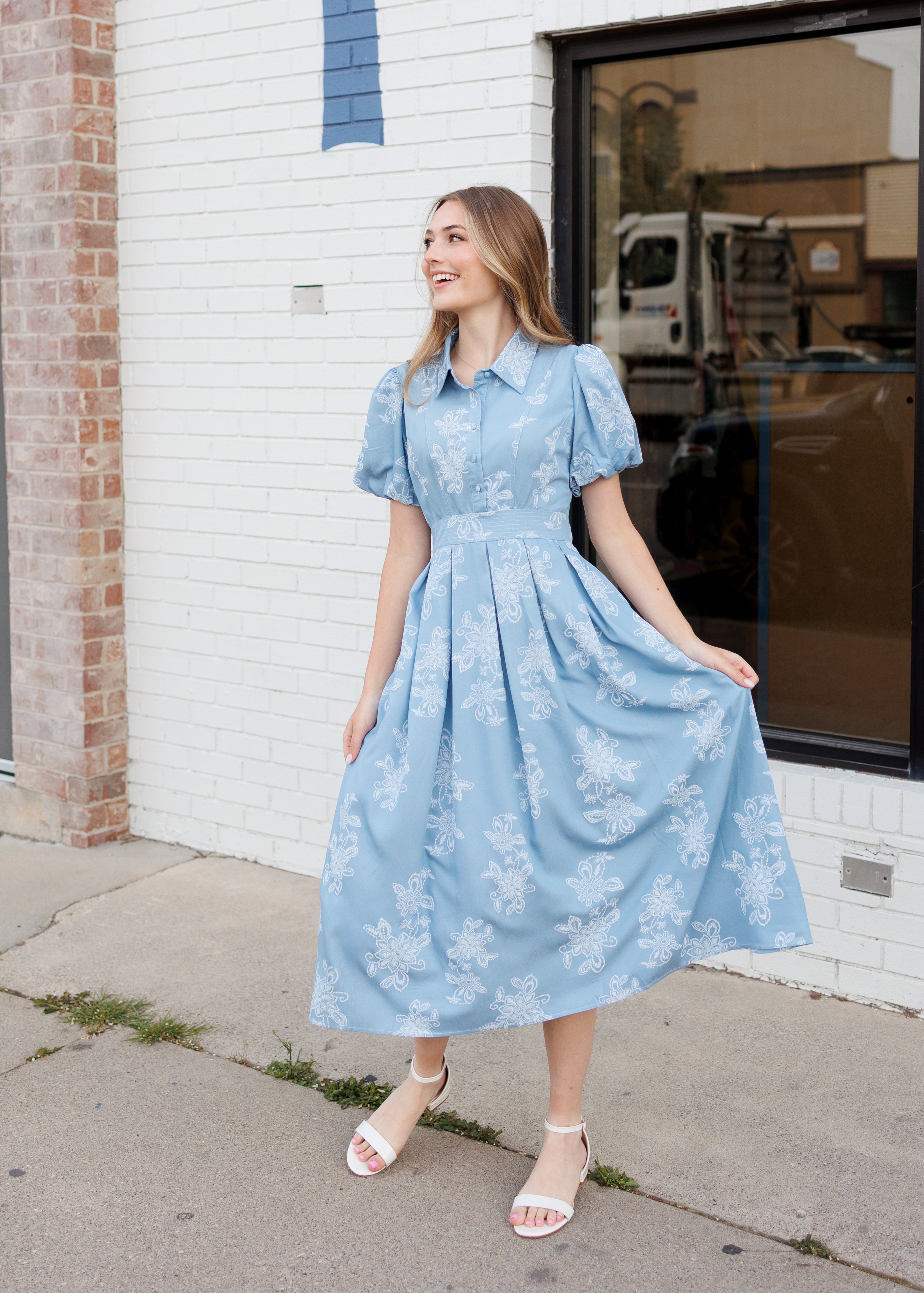 Natalia Blue Floral Collared Dress
