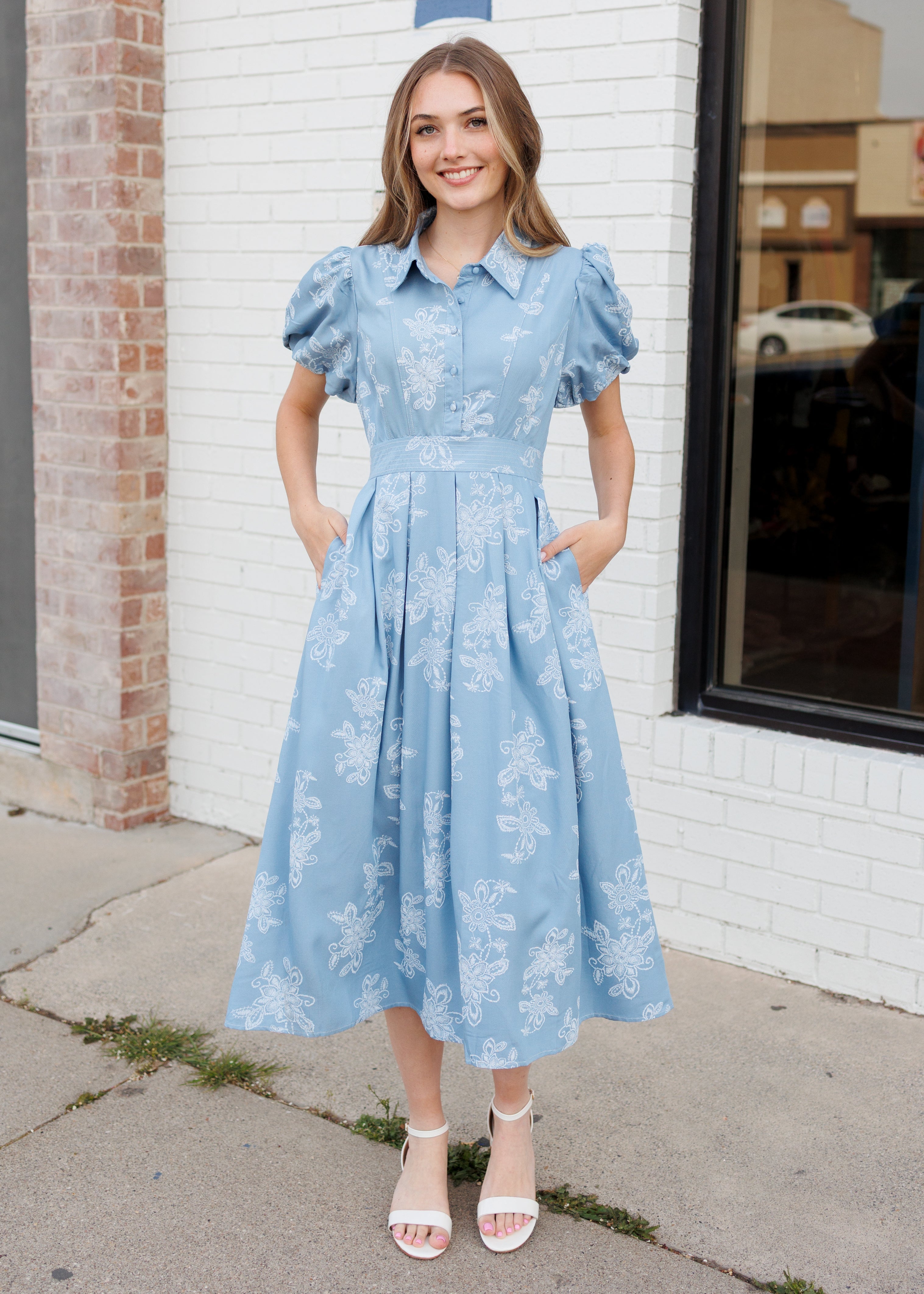 Natalia Blue Floral Collared Dress