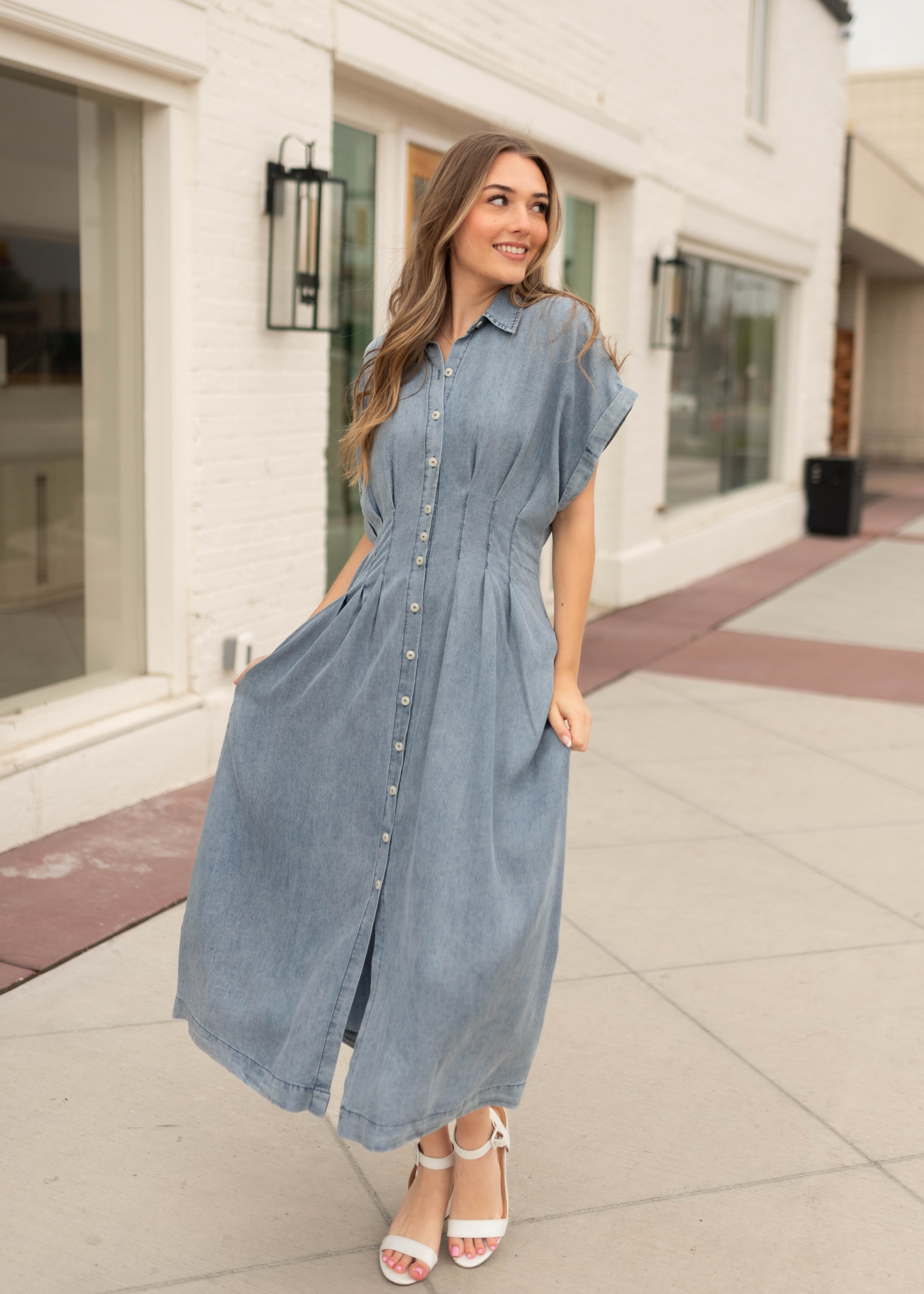Natalia Chambray Pleated Dress