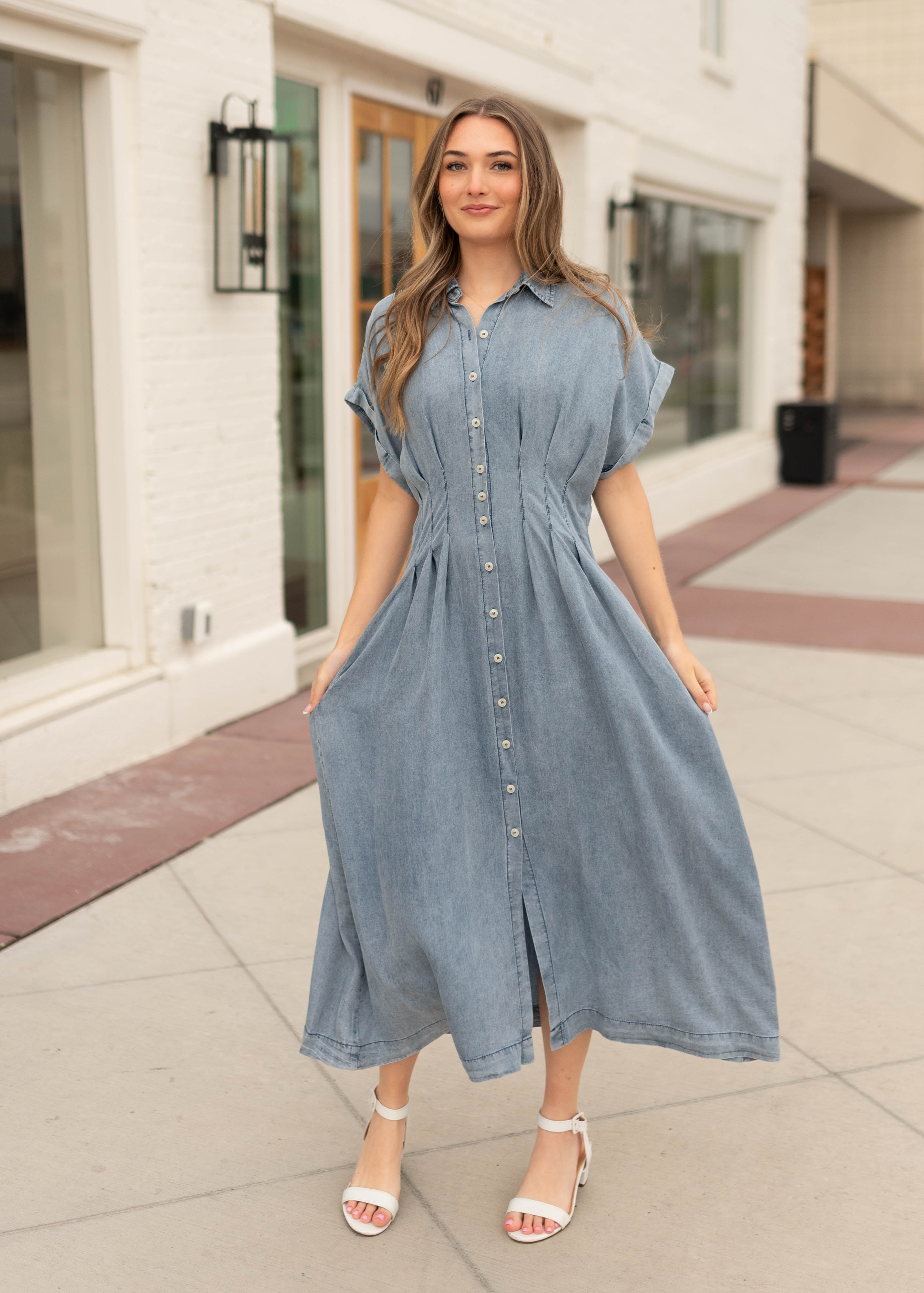 Natalia Chambray Pleated Dress
