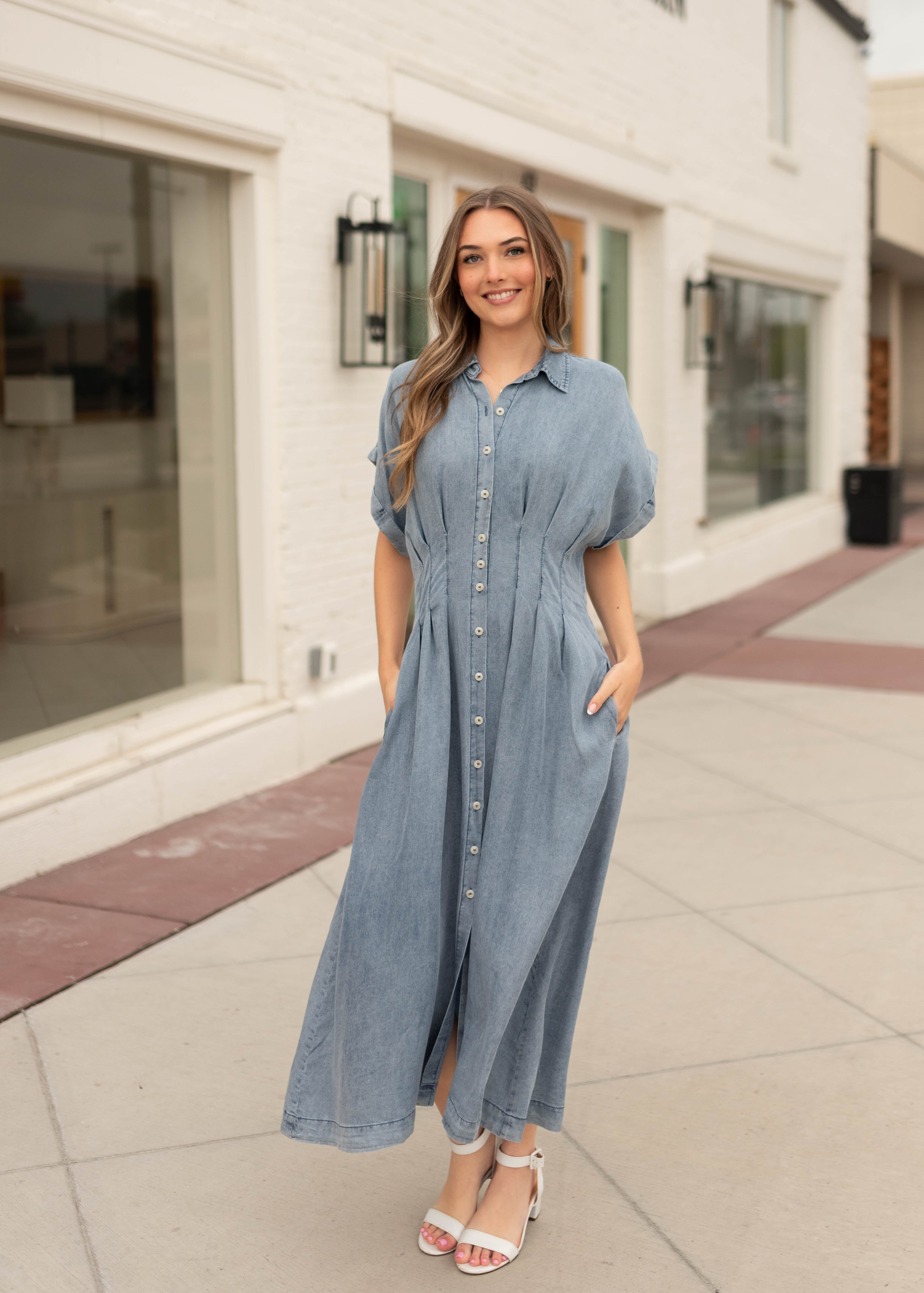 Natalia Chambray Pleated Dress