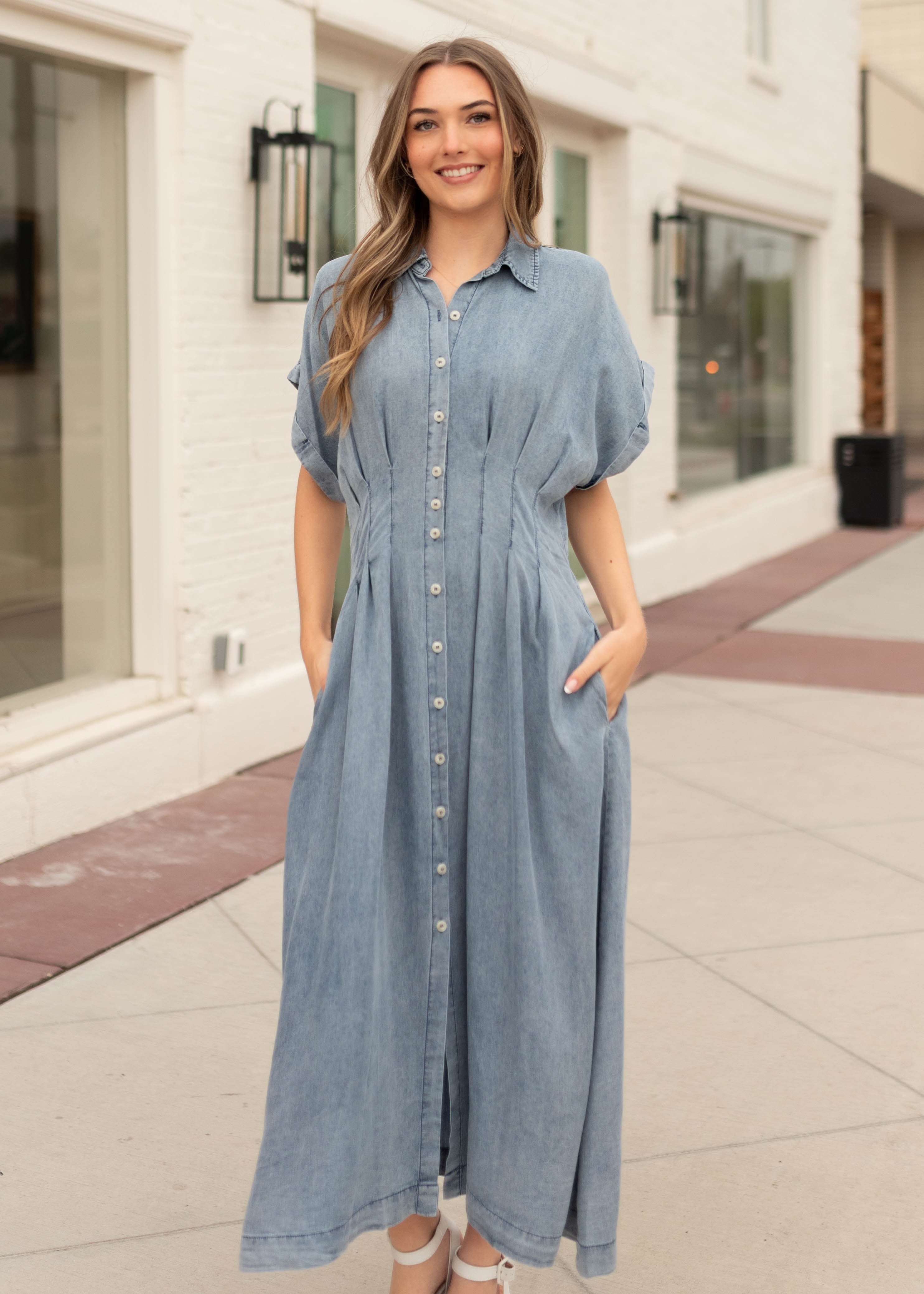Natalia Chambray Pleated Dress