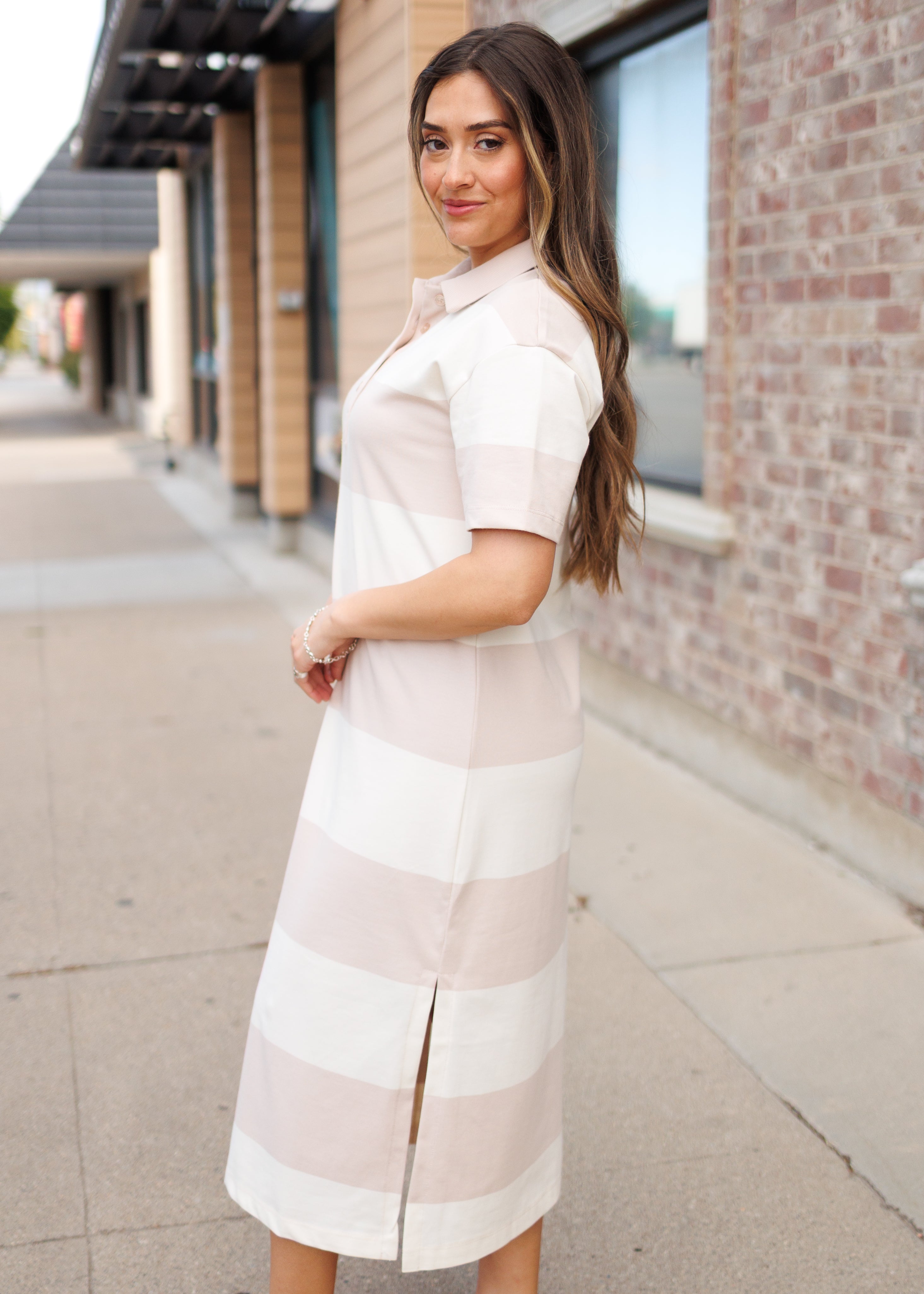 Natalie Khaki Striped Dress