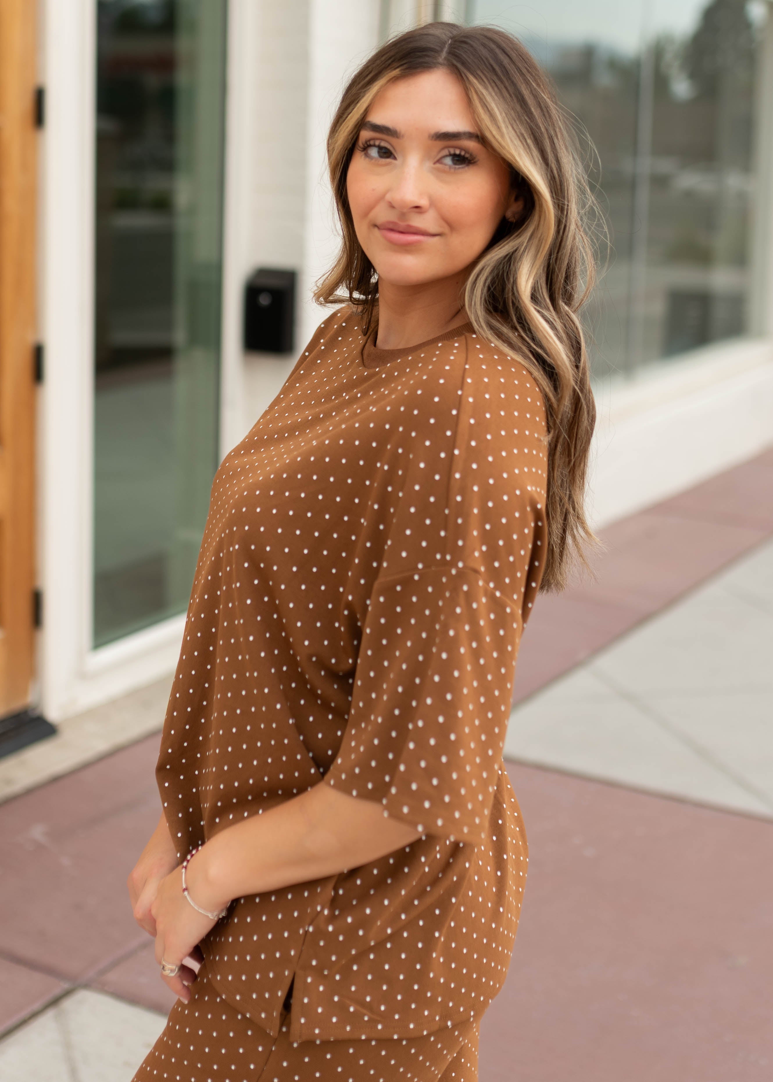 Nellie Camel & Ivory Polka Dot Oversized Top