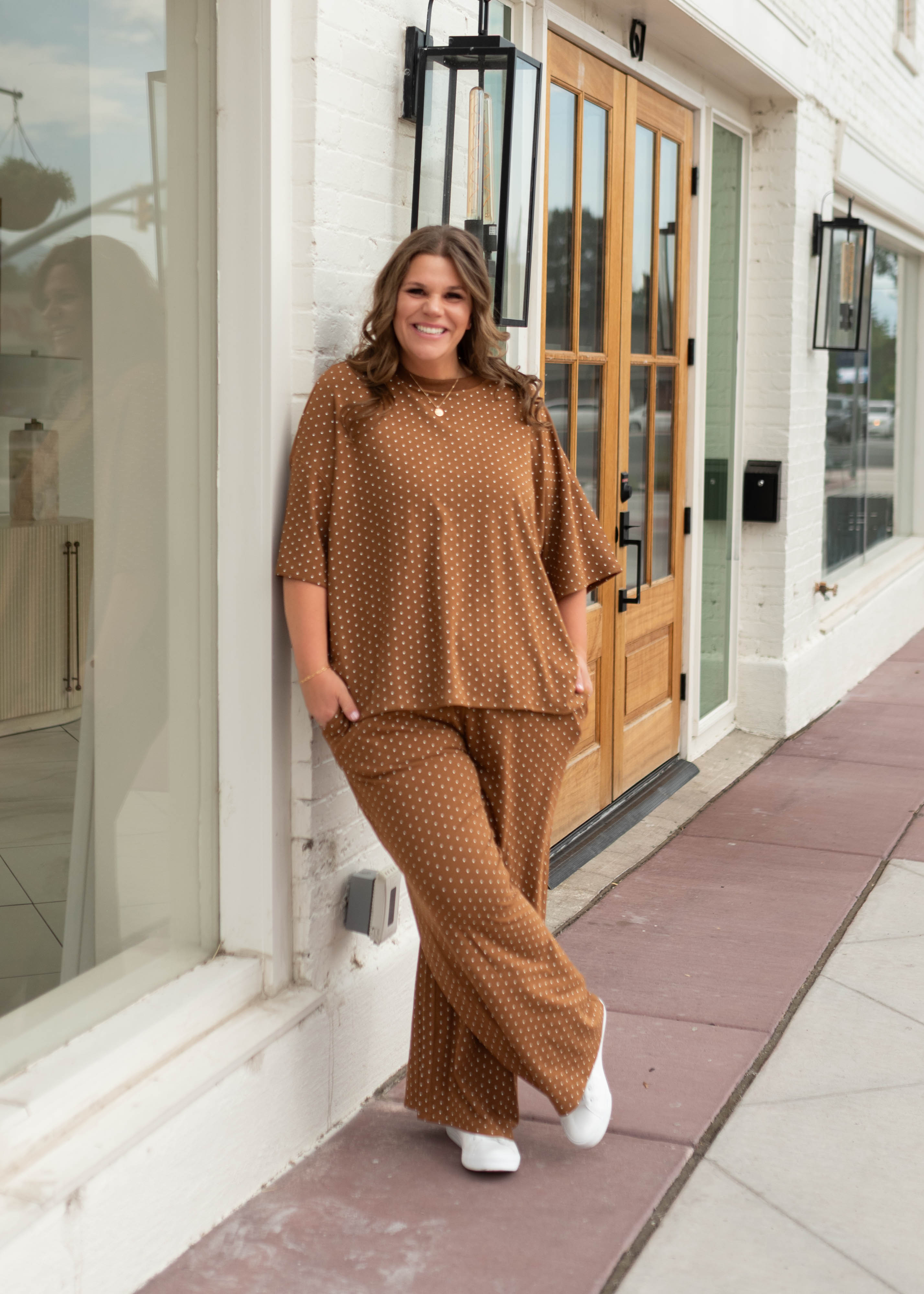 Nellie Camel & Ivory Polka Dot Oversized Top