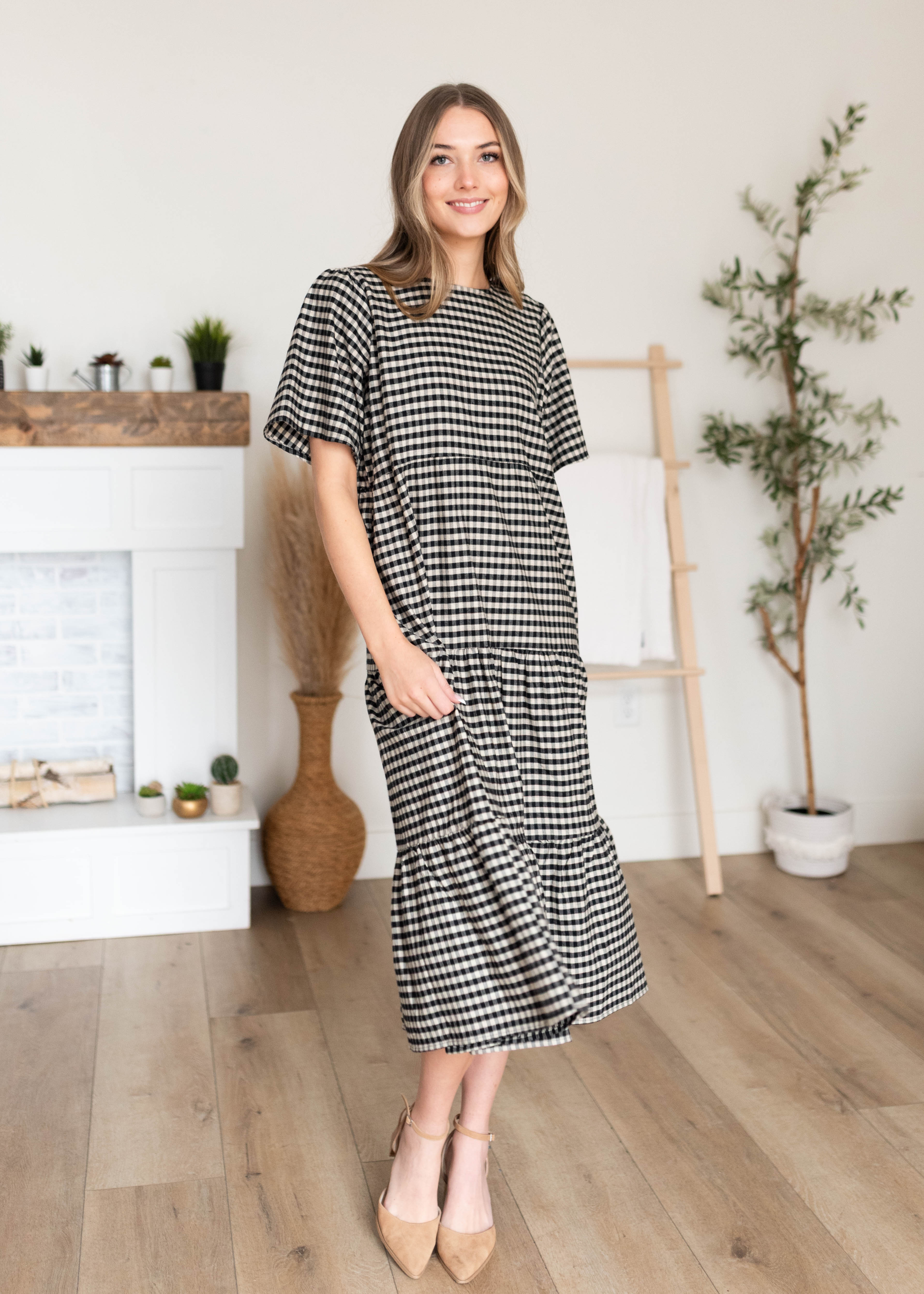 Nora Black Gingham Tiered Dress