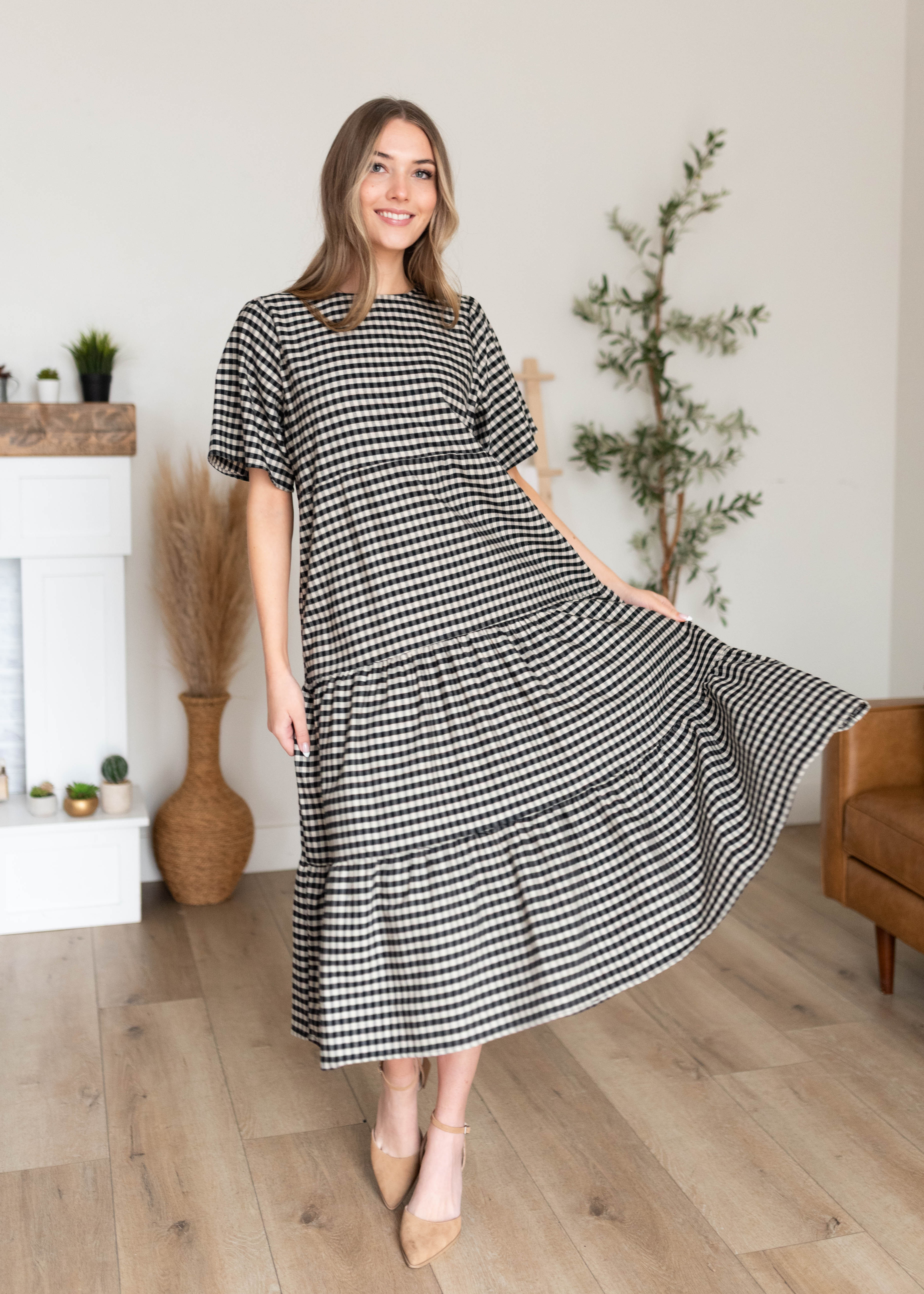 Nora Black Gingham Tiered Dress