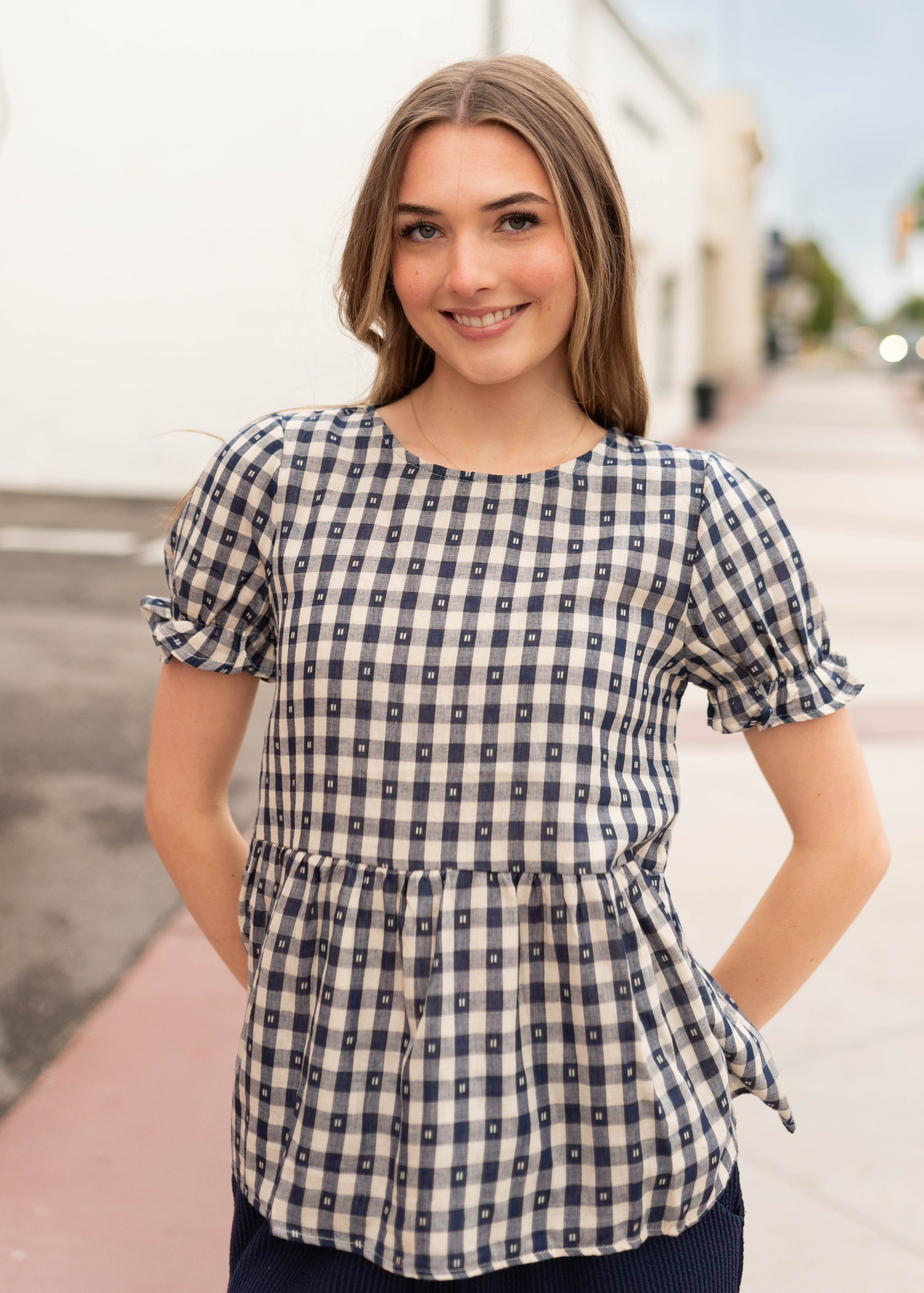 Raegan Navy Gingham Babydoll Top