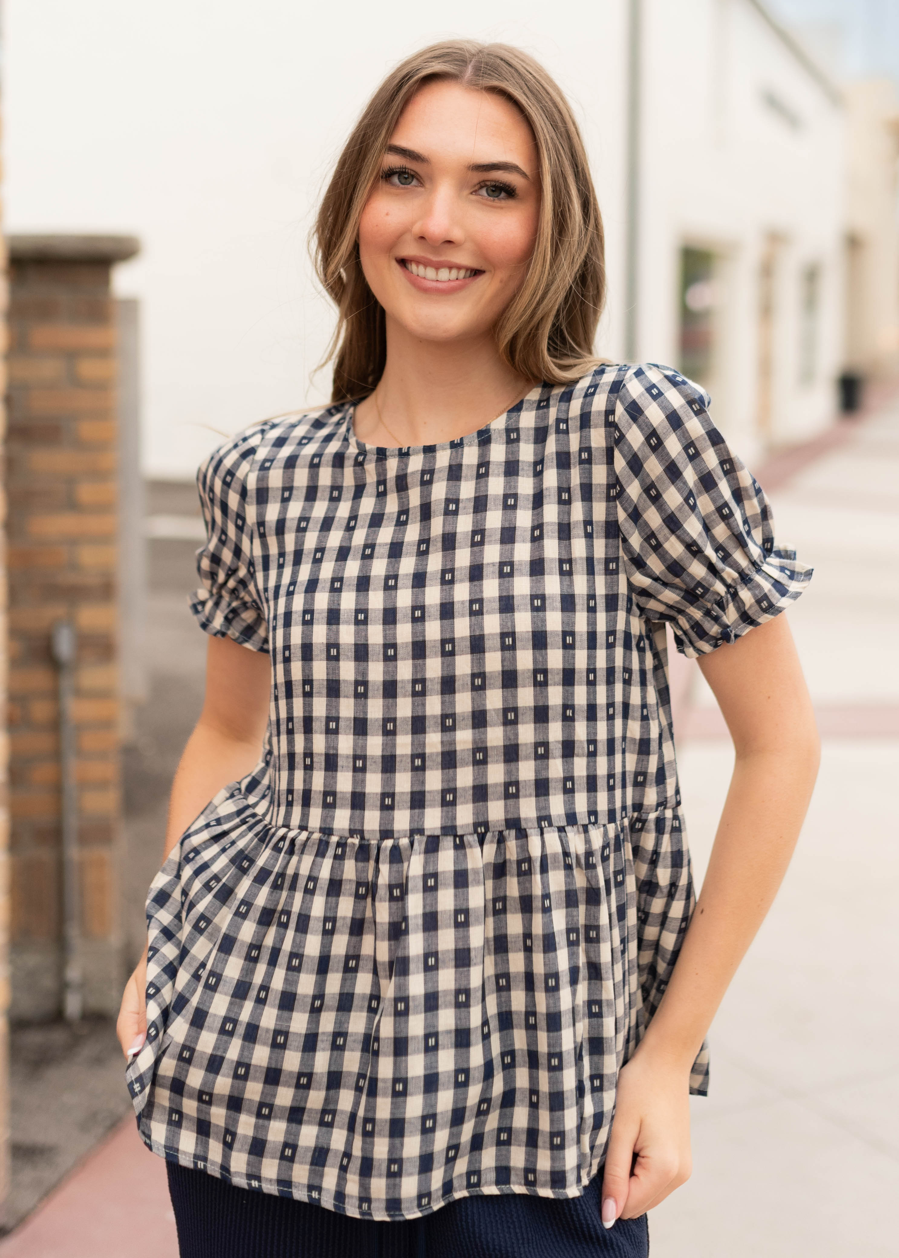 Raegan Navy Gingham Babydoll Top