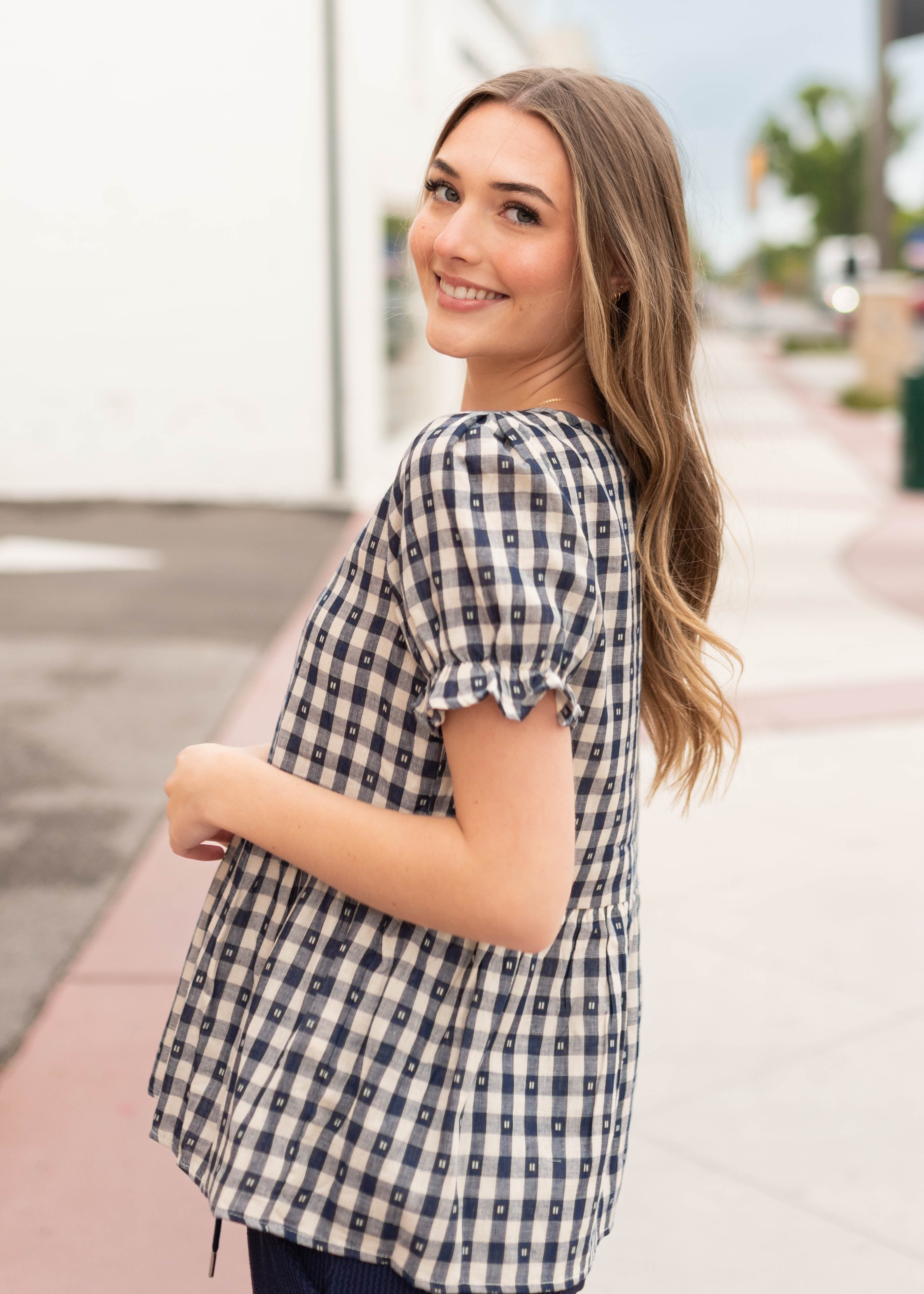 Raegan Navy Gingham Babydoll Top
