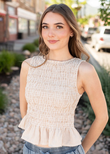 Roxie Taupe Striped Smocked Blouse