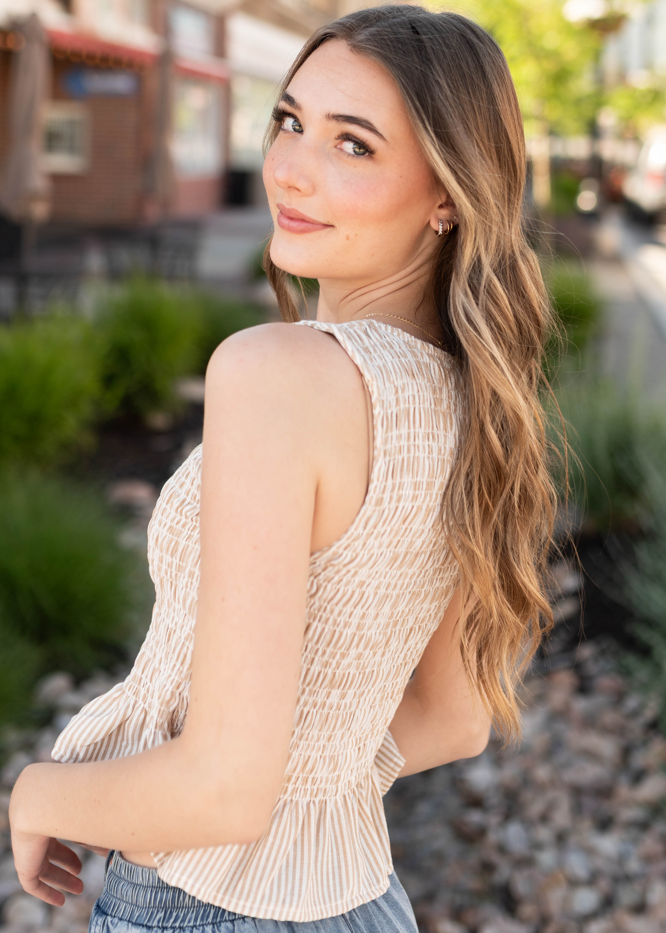 Roxie Taupe Striped Smocked Blouse