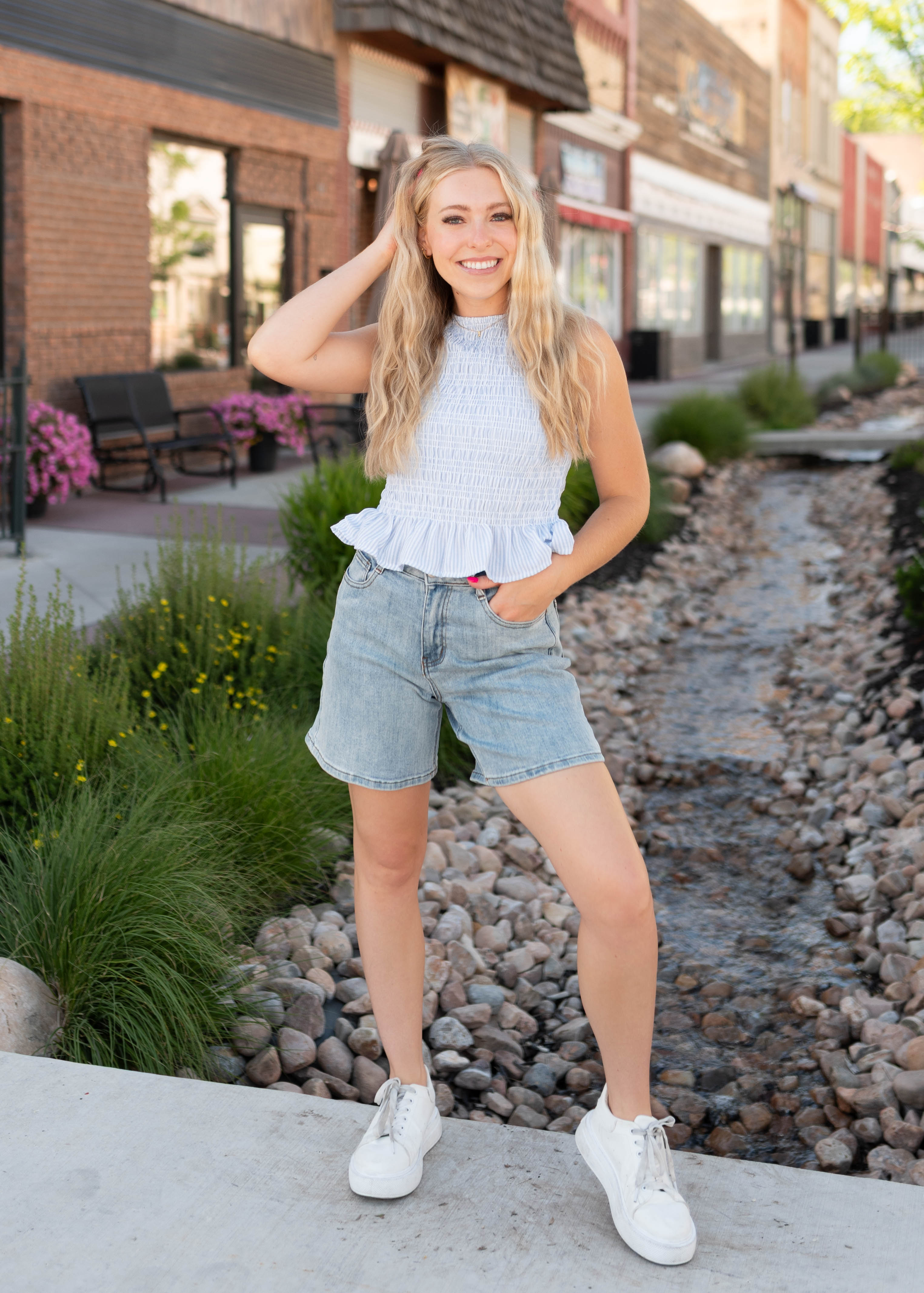 Roxie Blue Striped Smocked Blouse