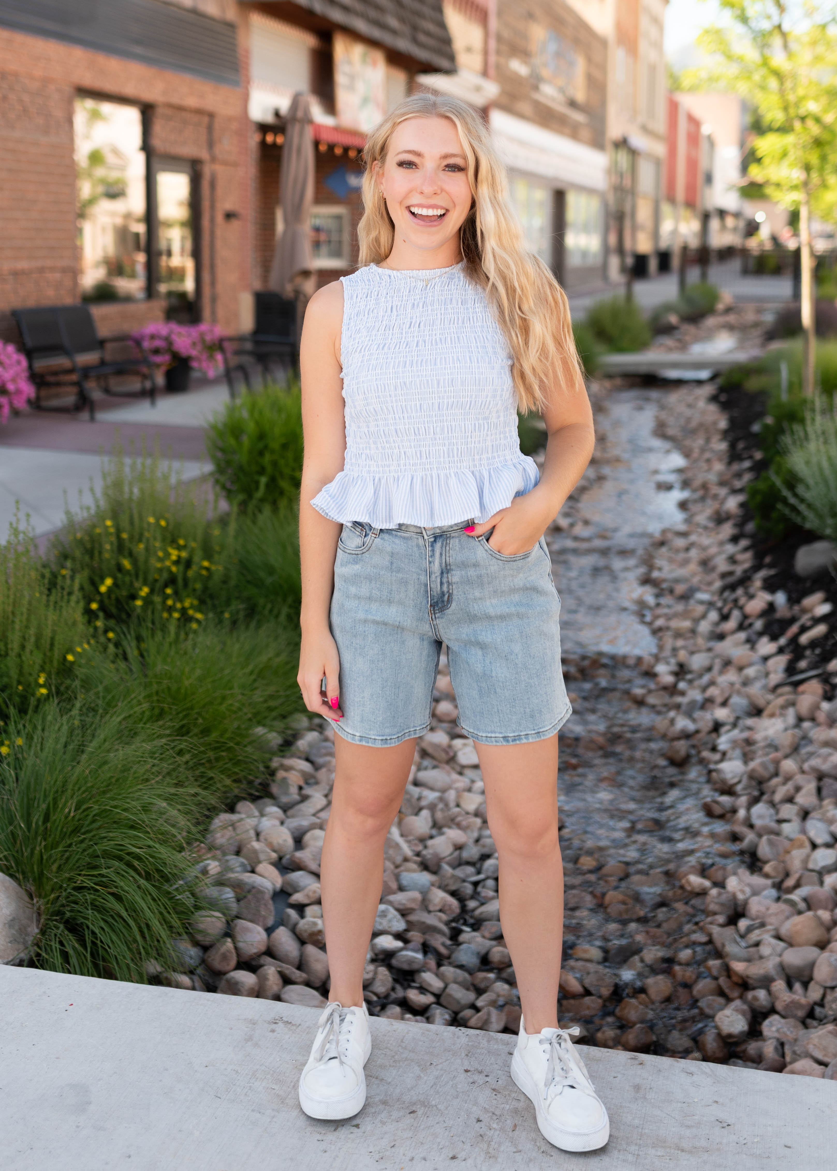 Roxie Blue Striped Smocked Blouse
