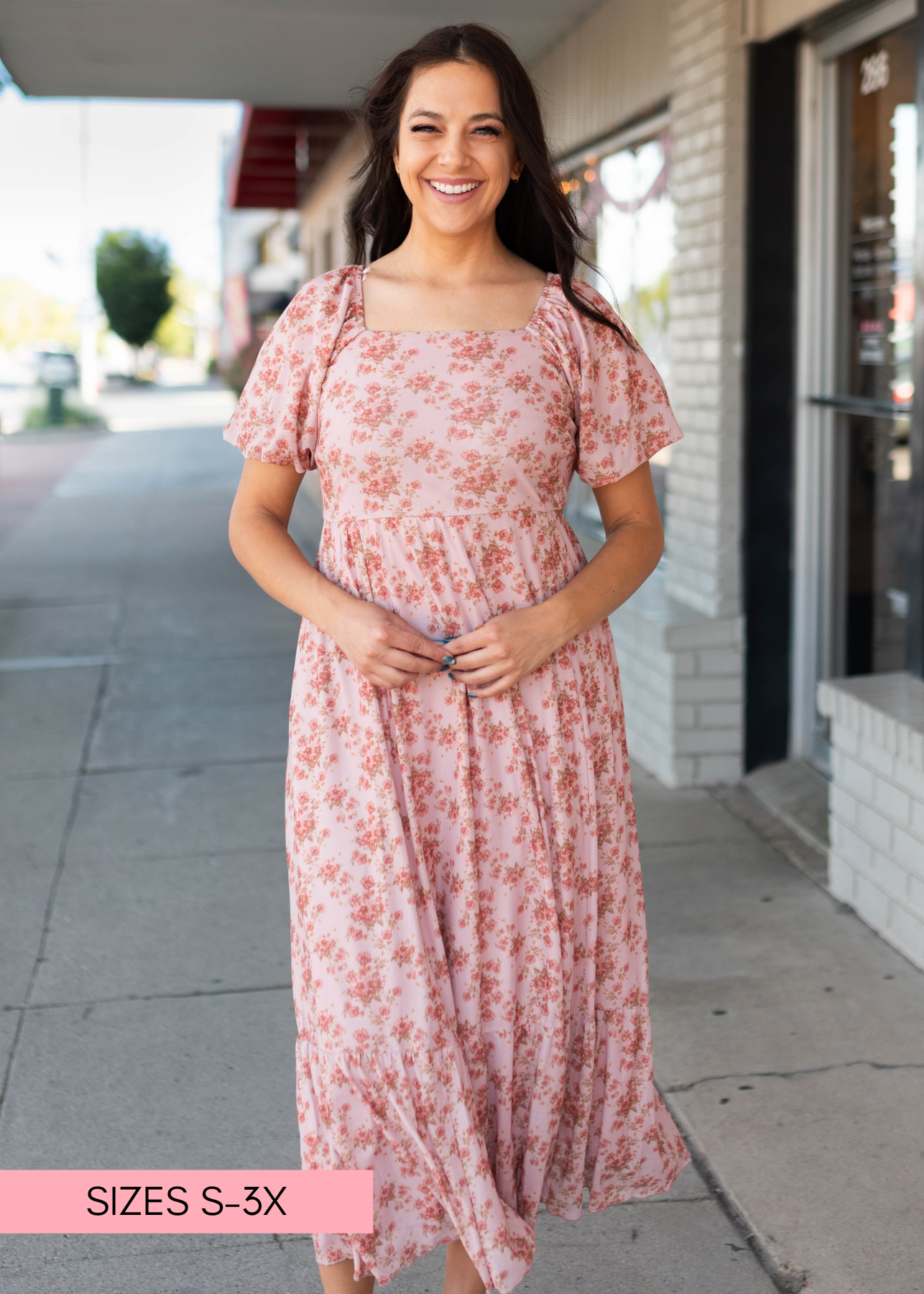Sally Dusty Pink Floral Square Neck Dress