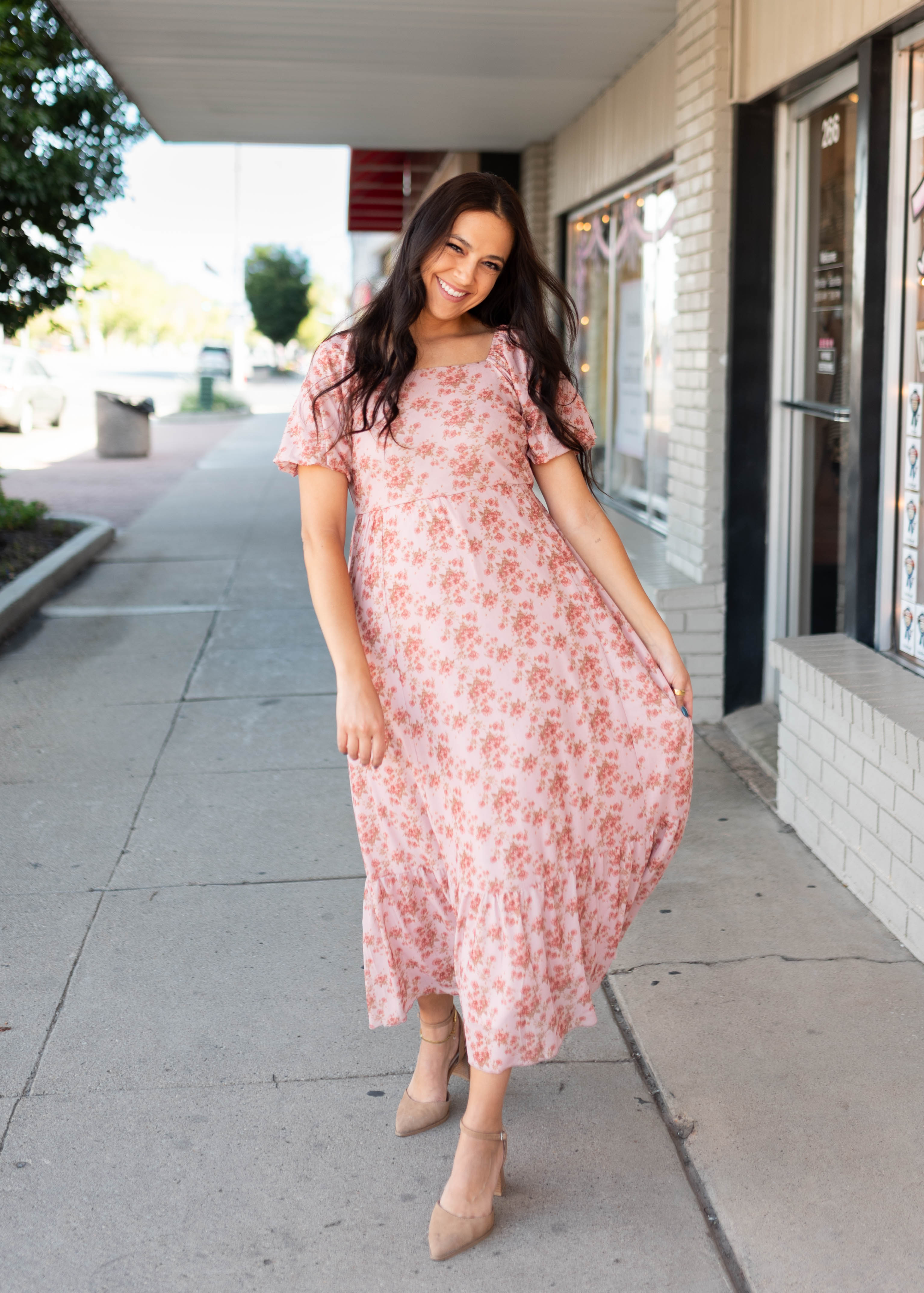 Sally Dusty Pink Floral Square Neck Dress