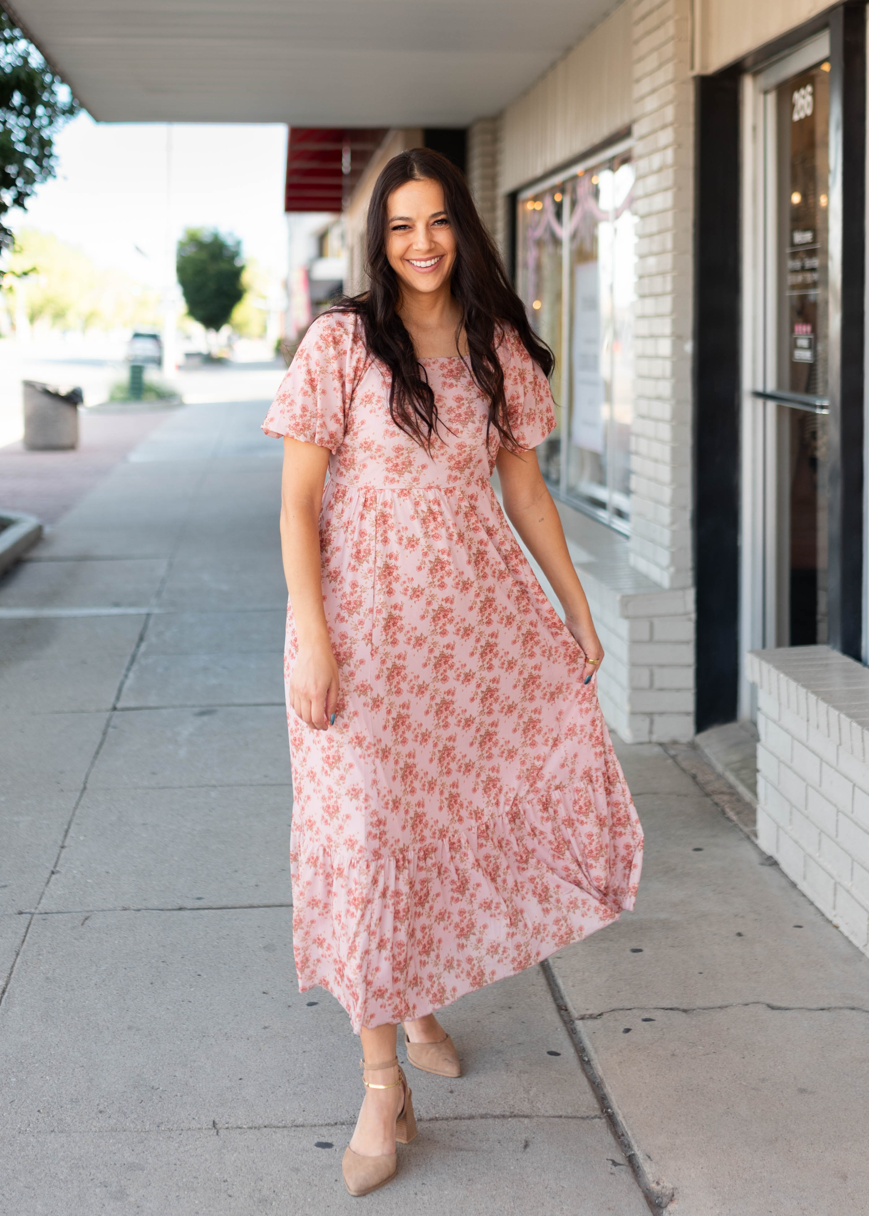 Sally Dusty Pink Floral Square Neck Dress