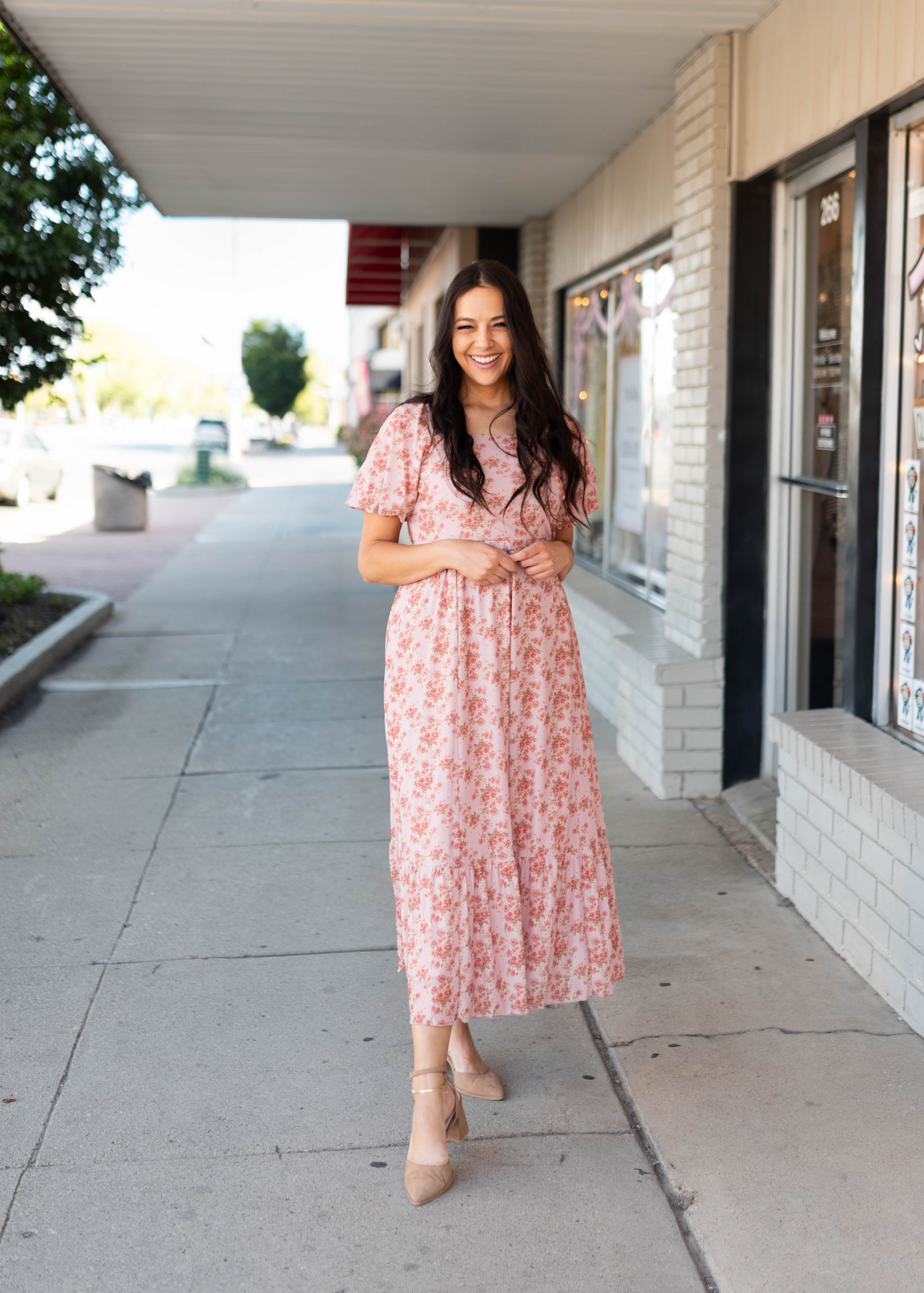 Sally Dusty Pink Floral Square Neck Dress