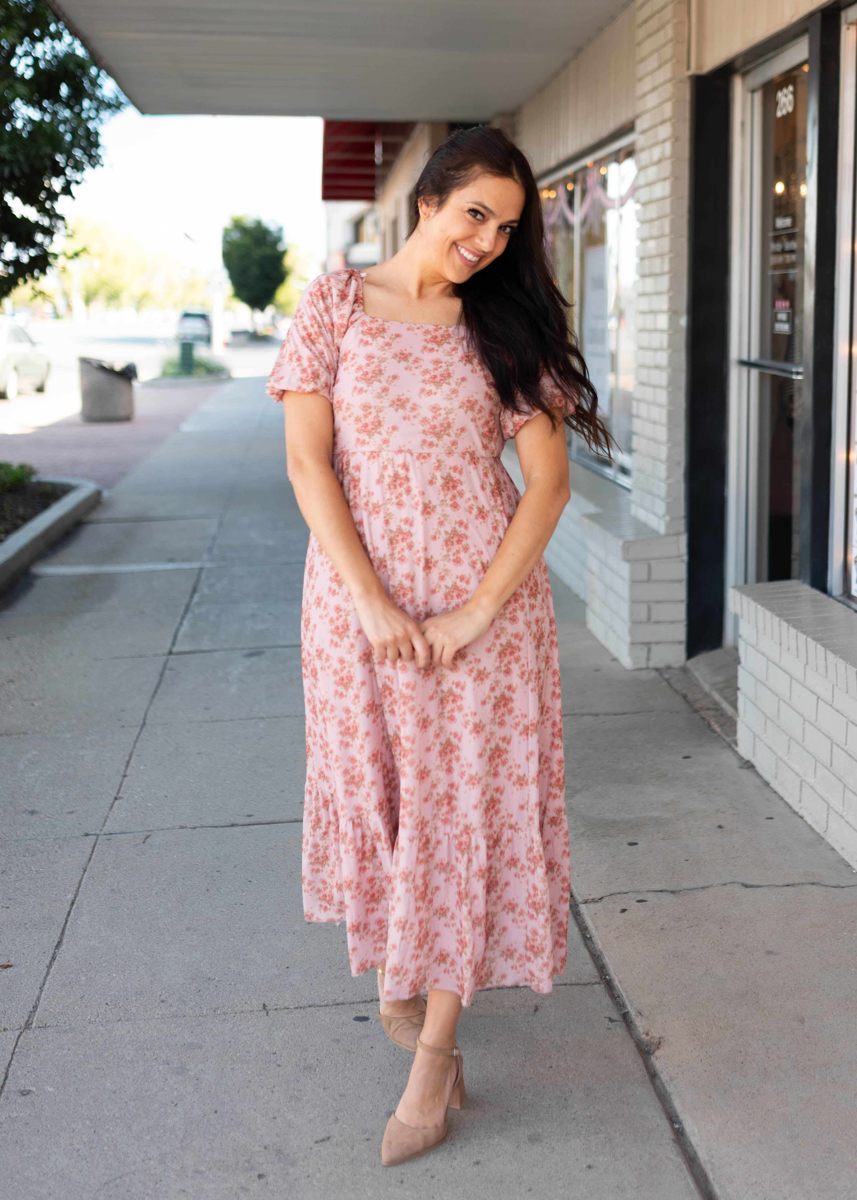 Sally Dusty Pink Floral Square Neck Dress