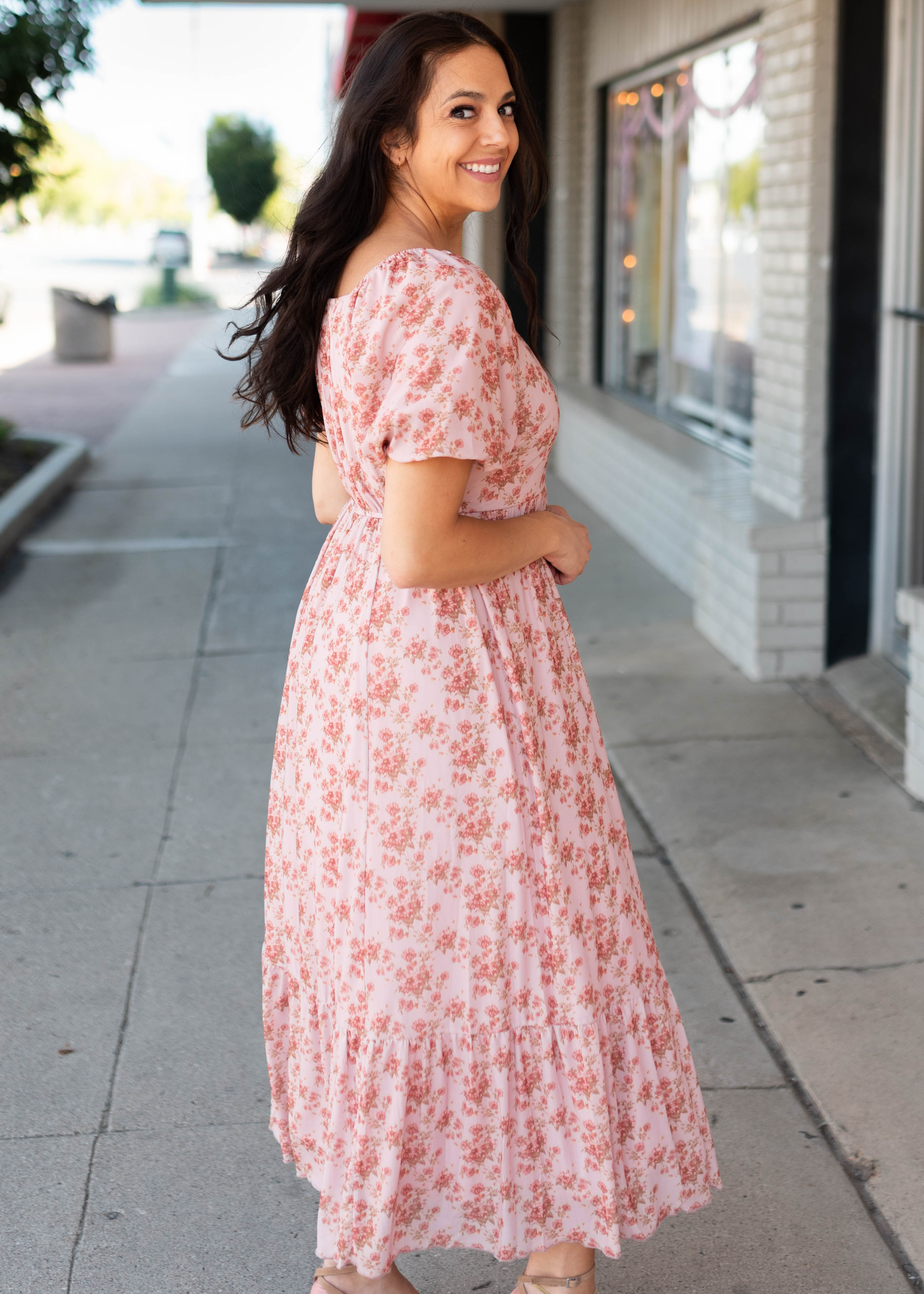 Sally Dusty Pink Floral Square Neck Dress