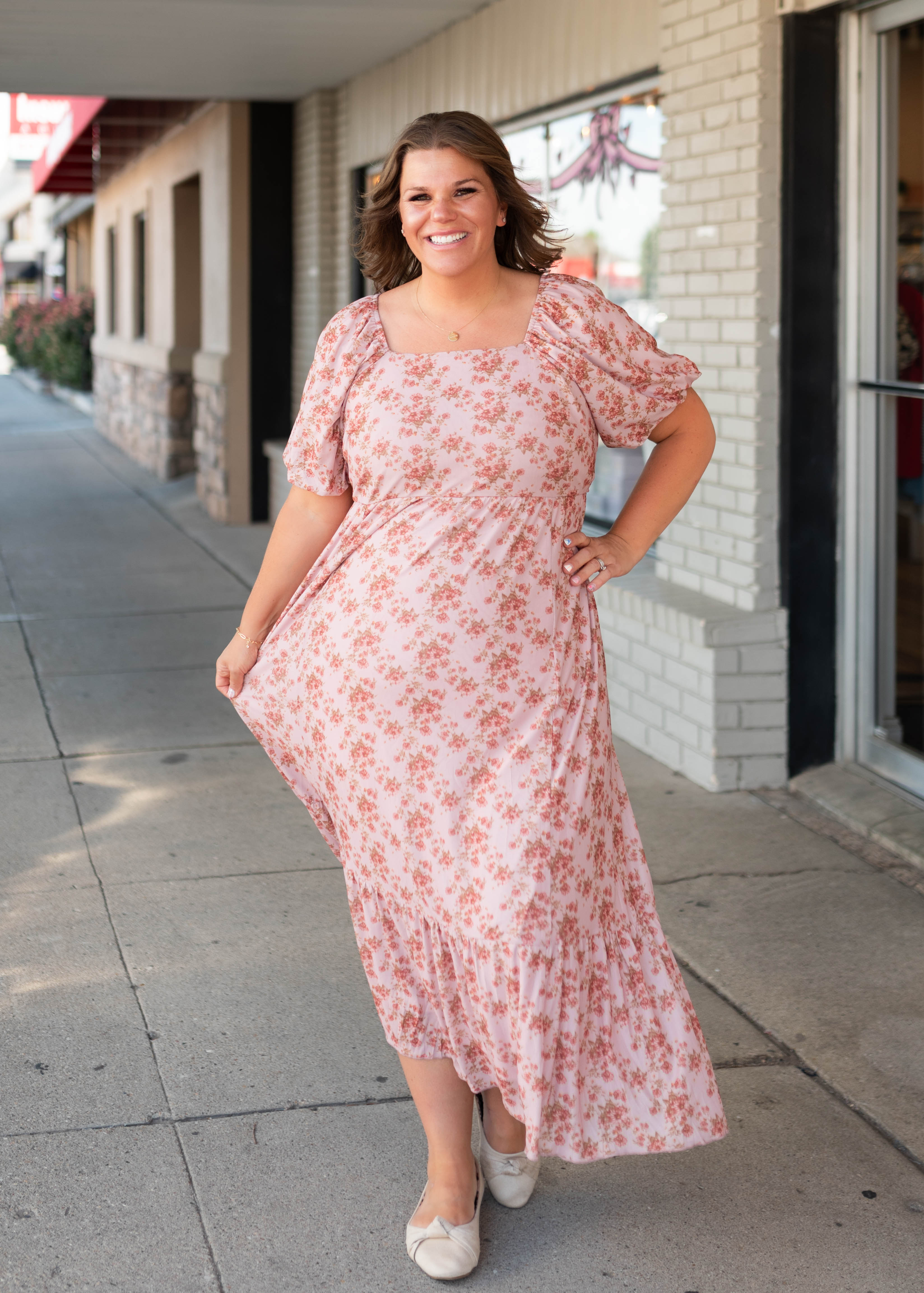 Sally Dusty Pink Floral Square Neck Dress