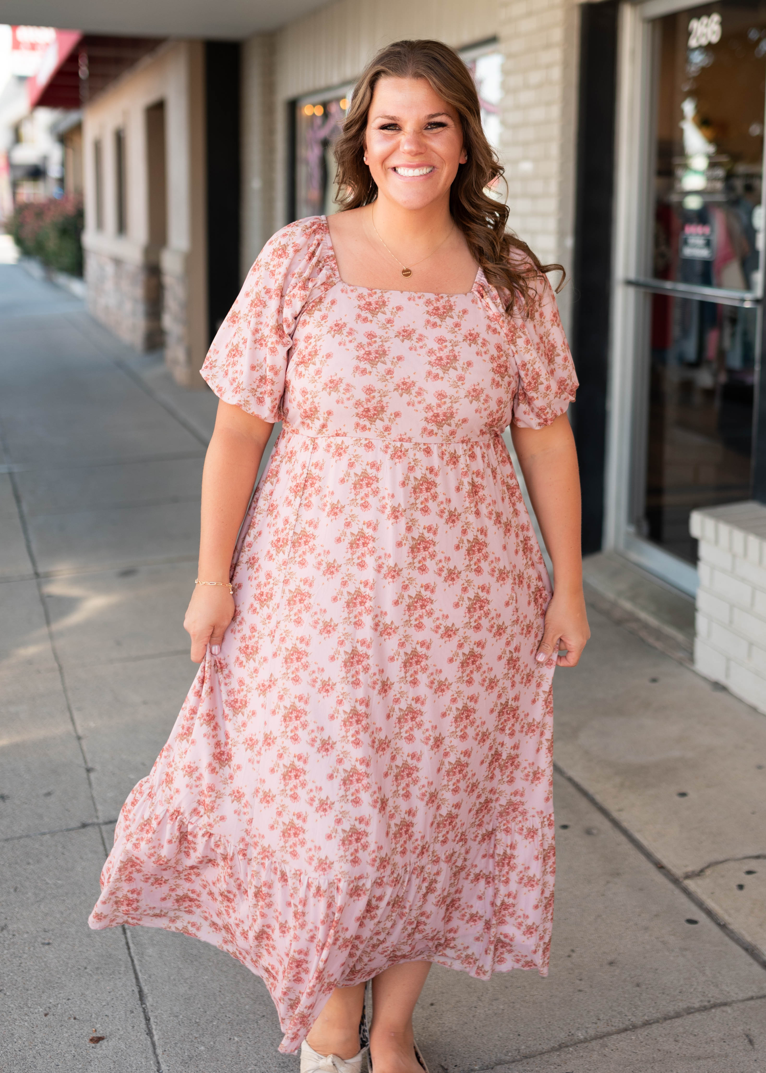 Sally Dusty Pink Floral Square Neck Dress