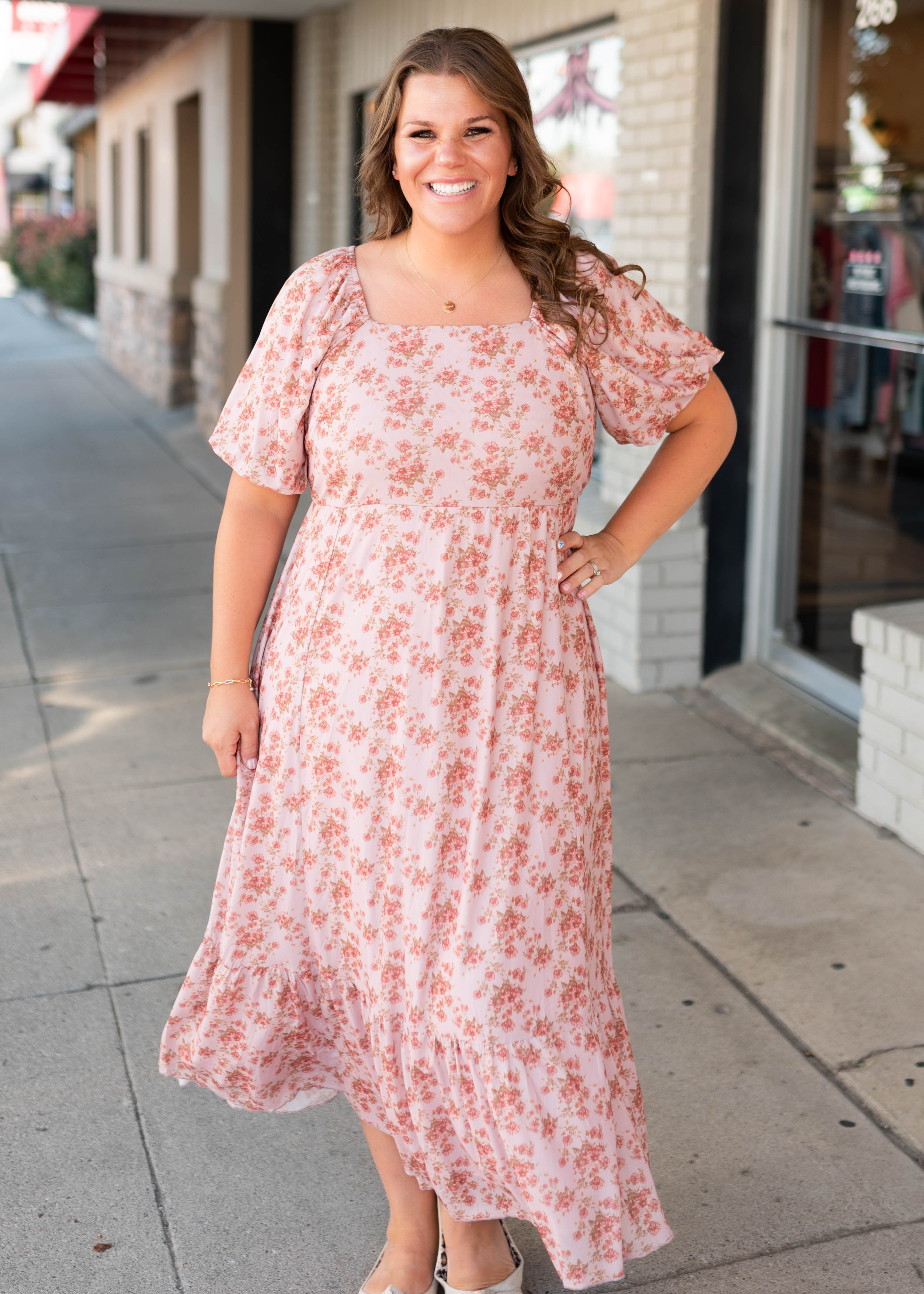Sally Dusty Pink Floral Square Neck Dress