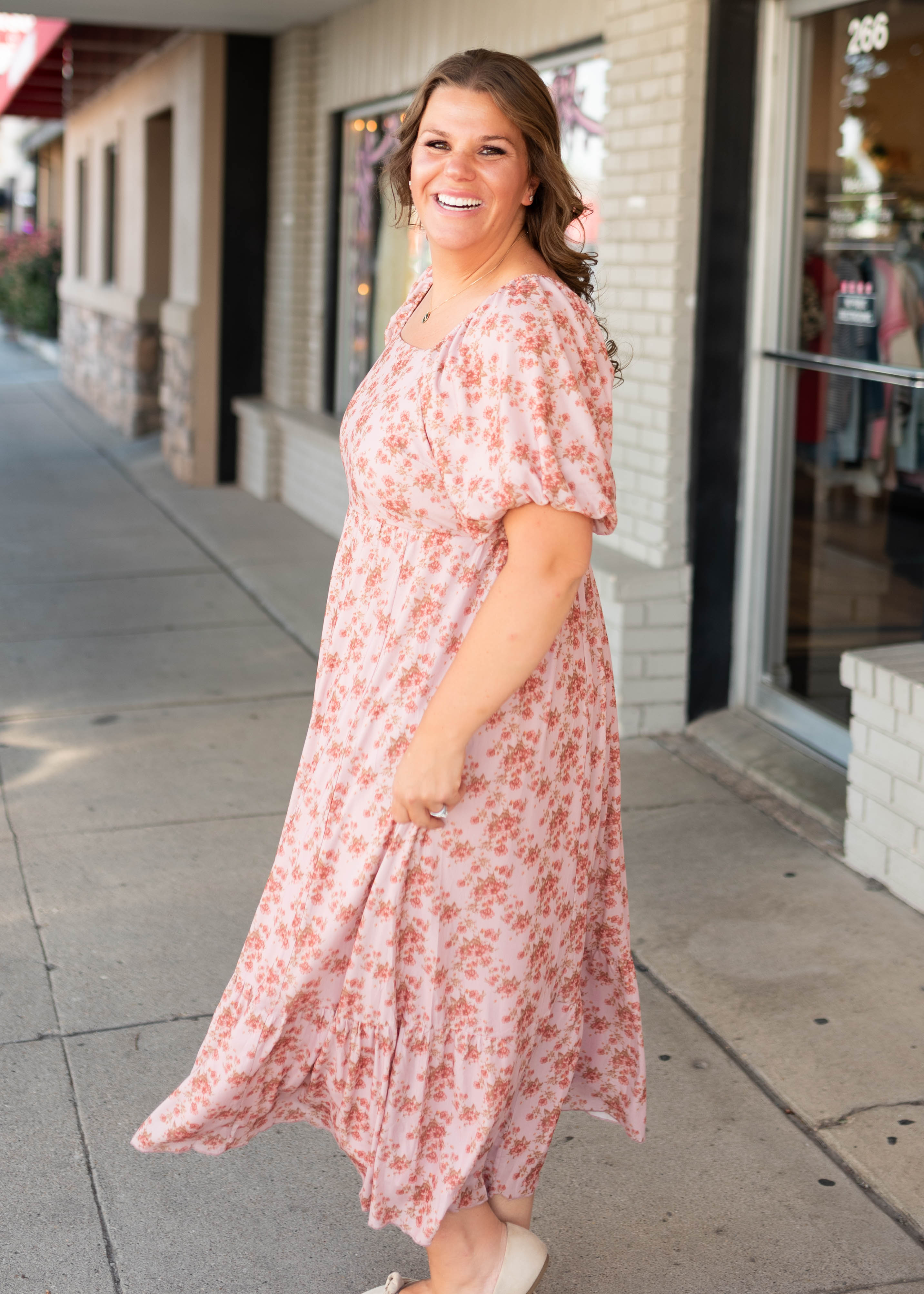 Sally Dusty Pink Floral Square Neck Dress